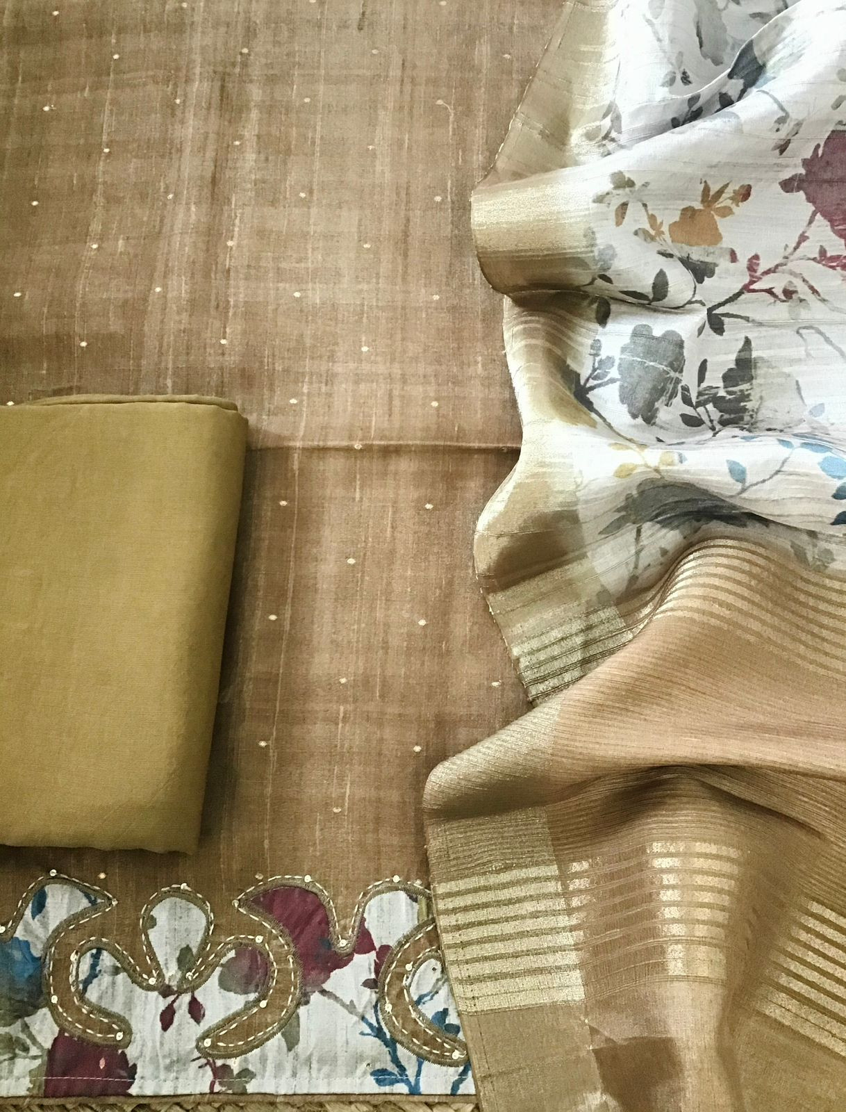 Soft Fine Semi Tussar Printed Embroidered Suit - Mustard Yellow