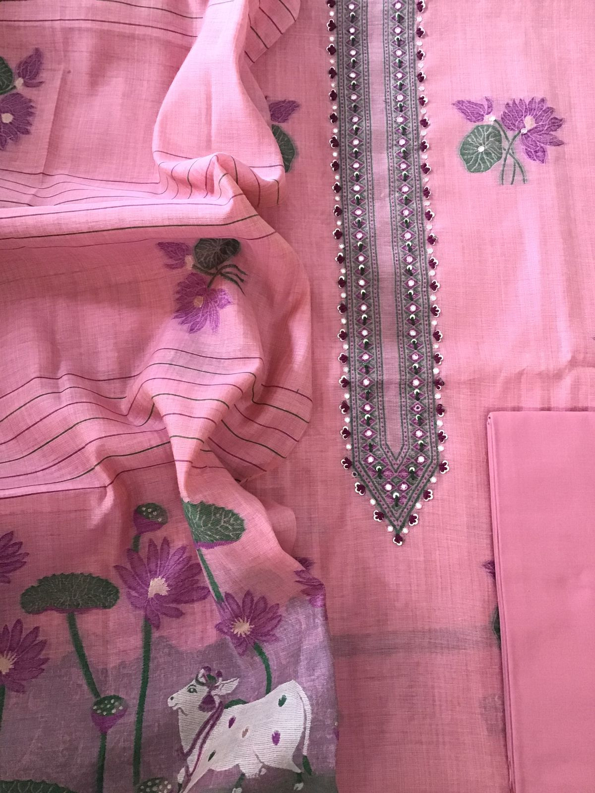 Soft Slub Chanderi Jamdani Weaved Embroidered Suit - Pink