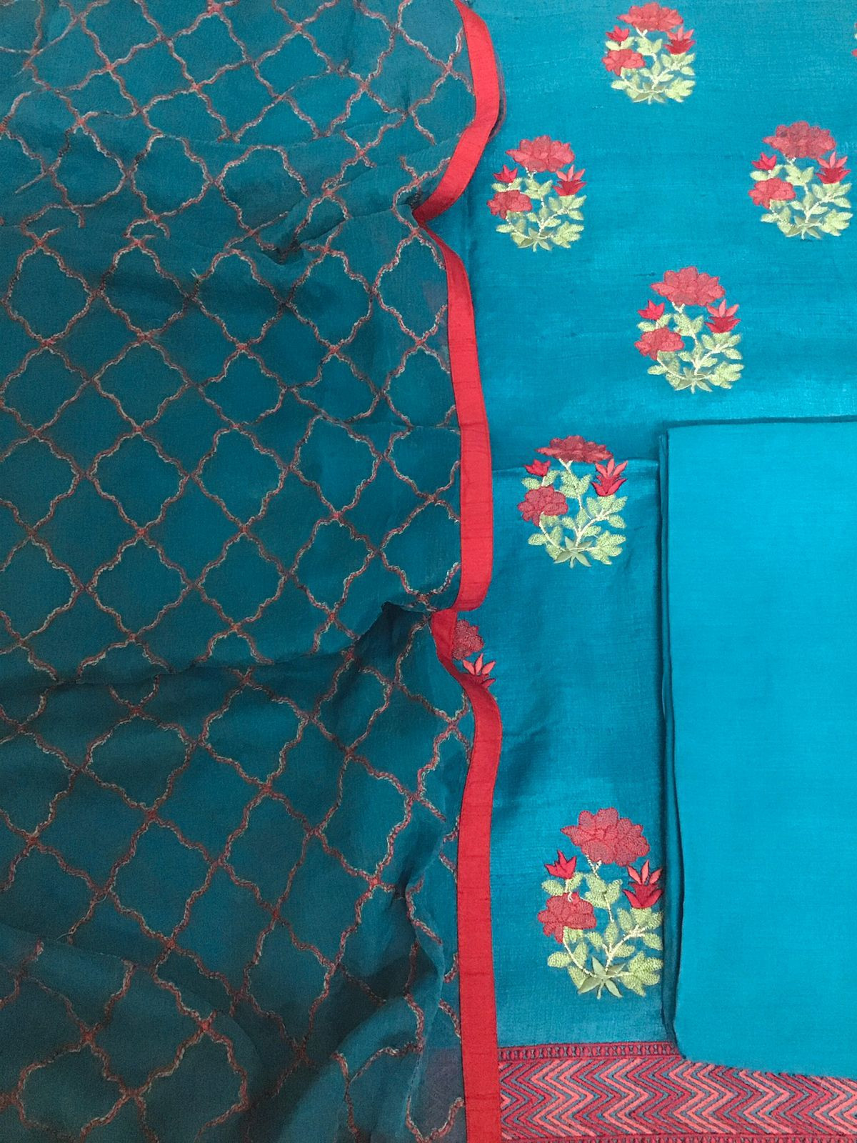 Pure Fine Tussar Embroidered Suit - Blue