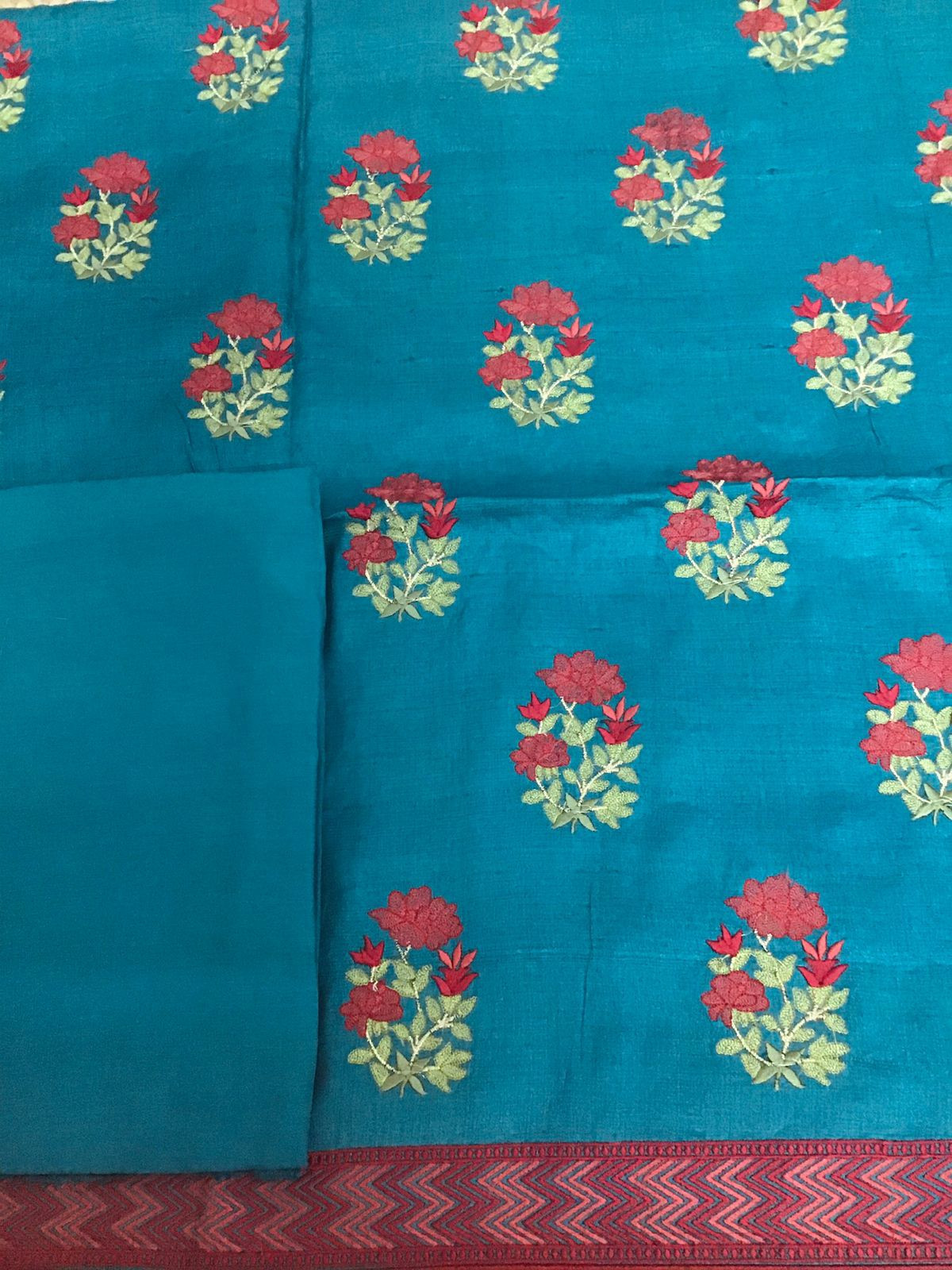 Pure Fine Tussar Embroidered Suit - Blue