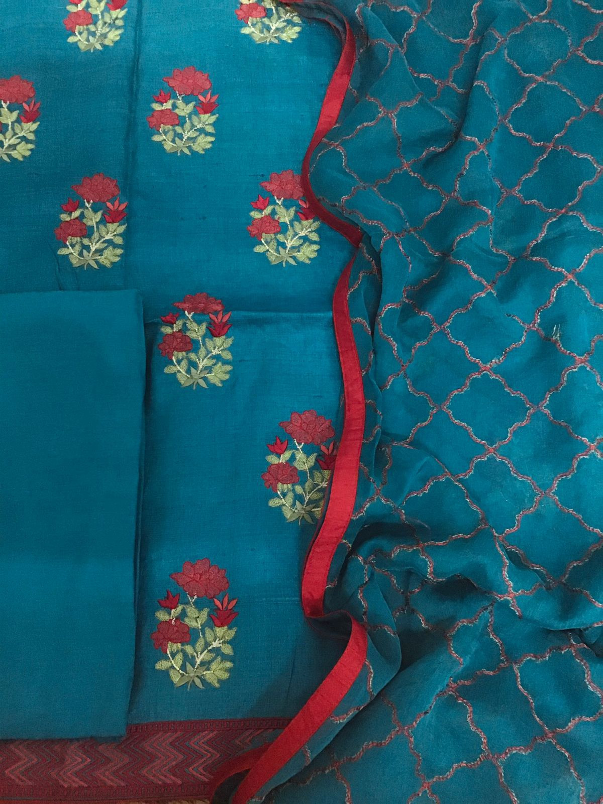 Pure Fine Tussar Embroidered Suit - Blue