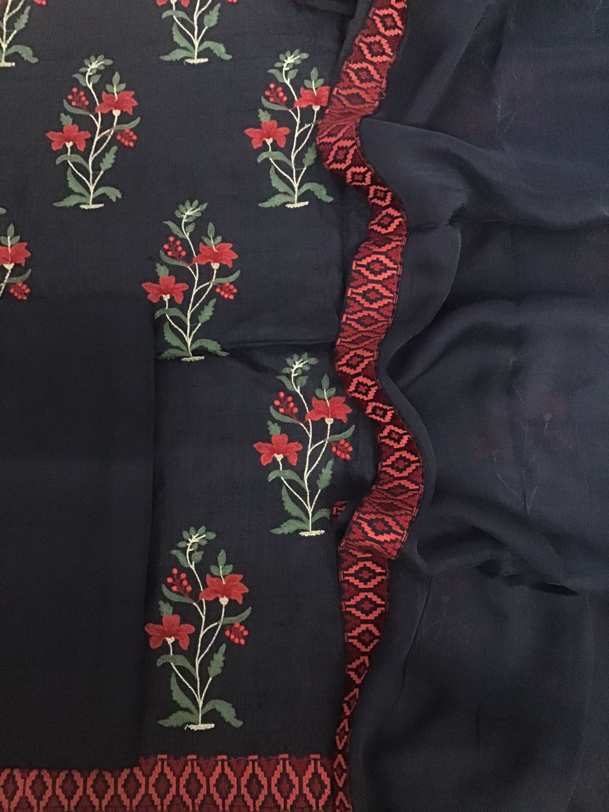 Pure Fine Tussar Embroidered Suit - Black