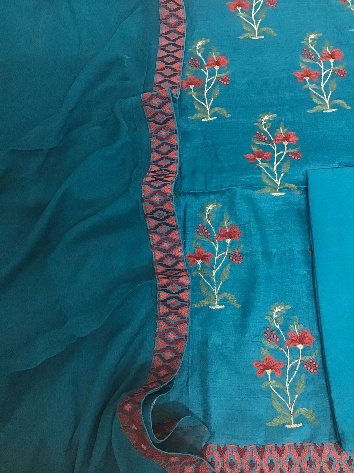 Pure Fine Tussar Embroidered Suit - Blue
