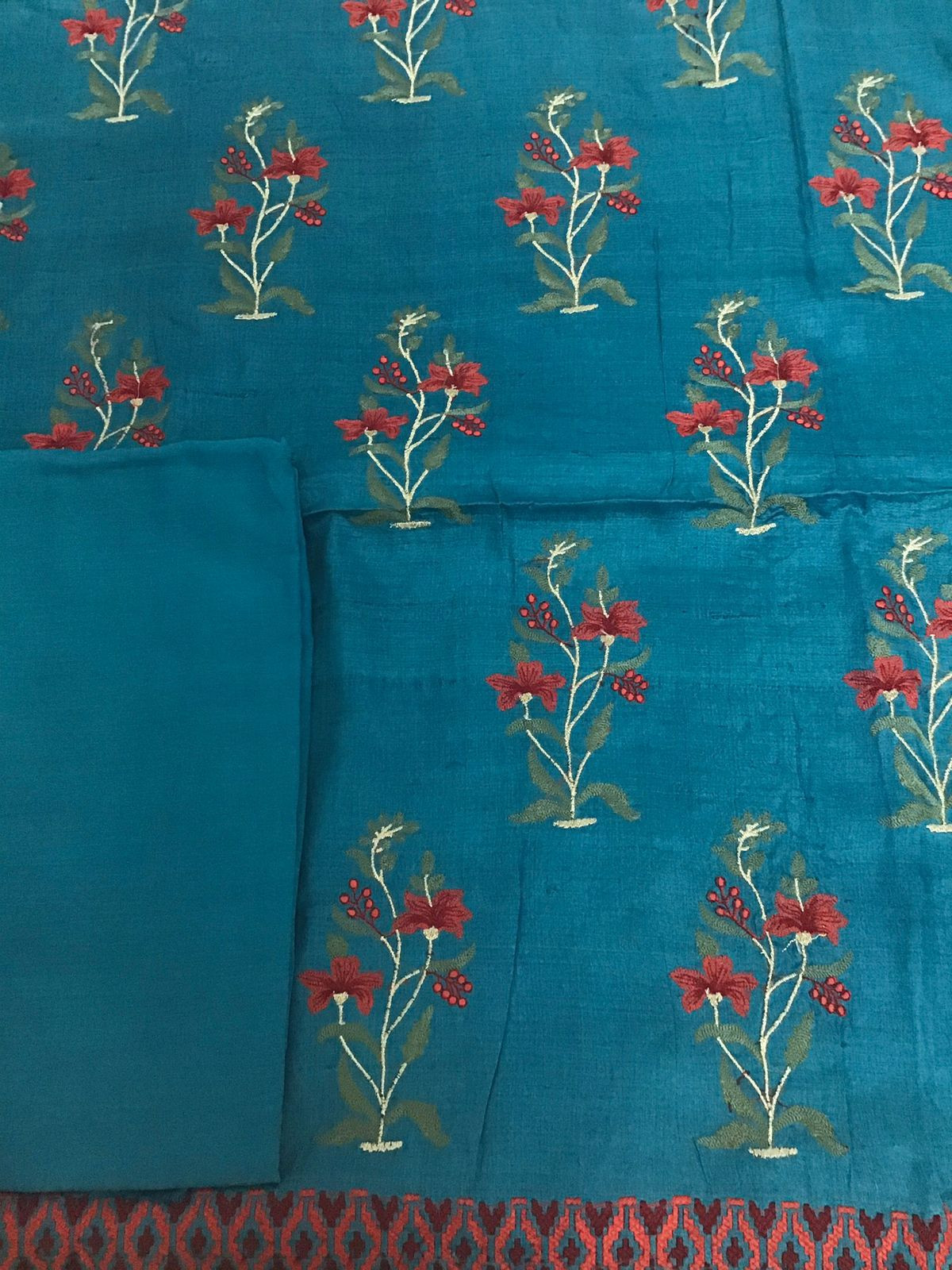 Pure Fine Tussar Embroidered Suit - Blue