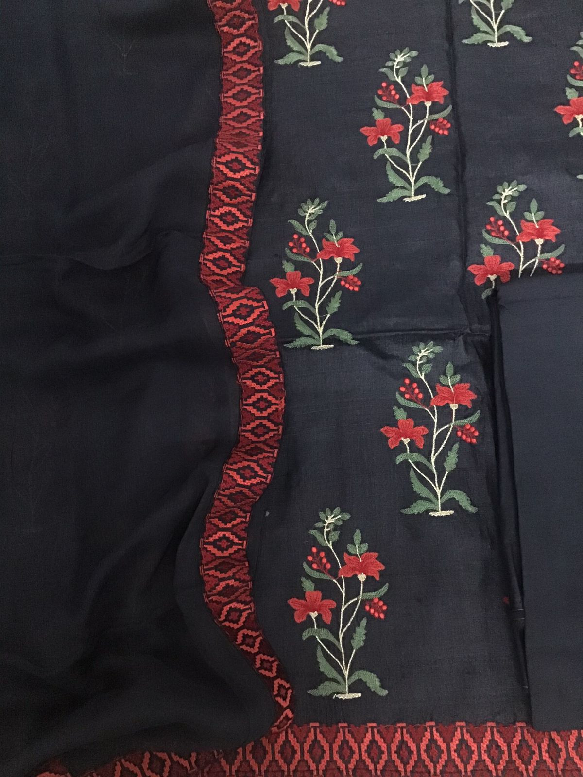 Pure Fine Tussar Embroidered Suit - Black