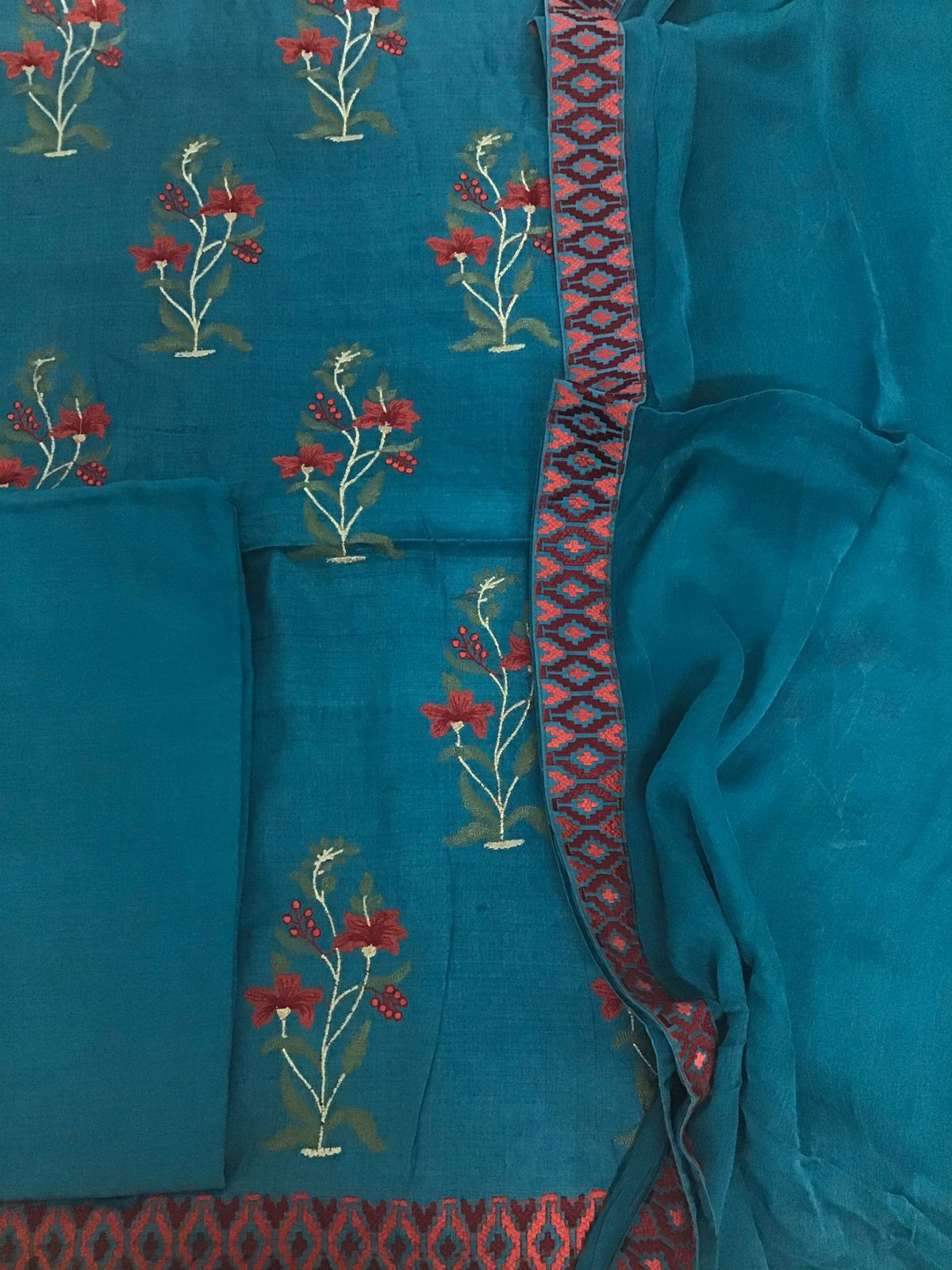 Pure Fine Tussar Embroidered Suit - Blue