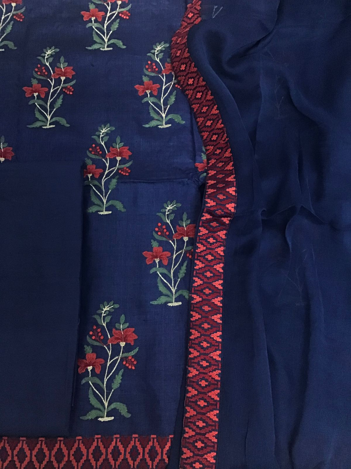 Pure Fine Tussar Embroidered Suit - Blue