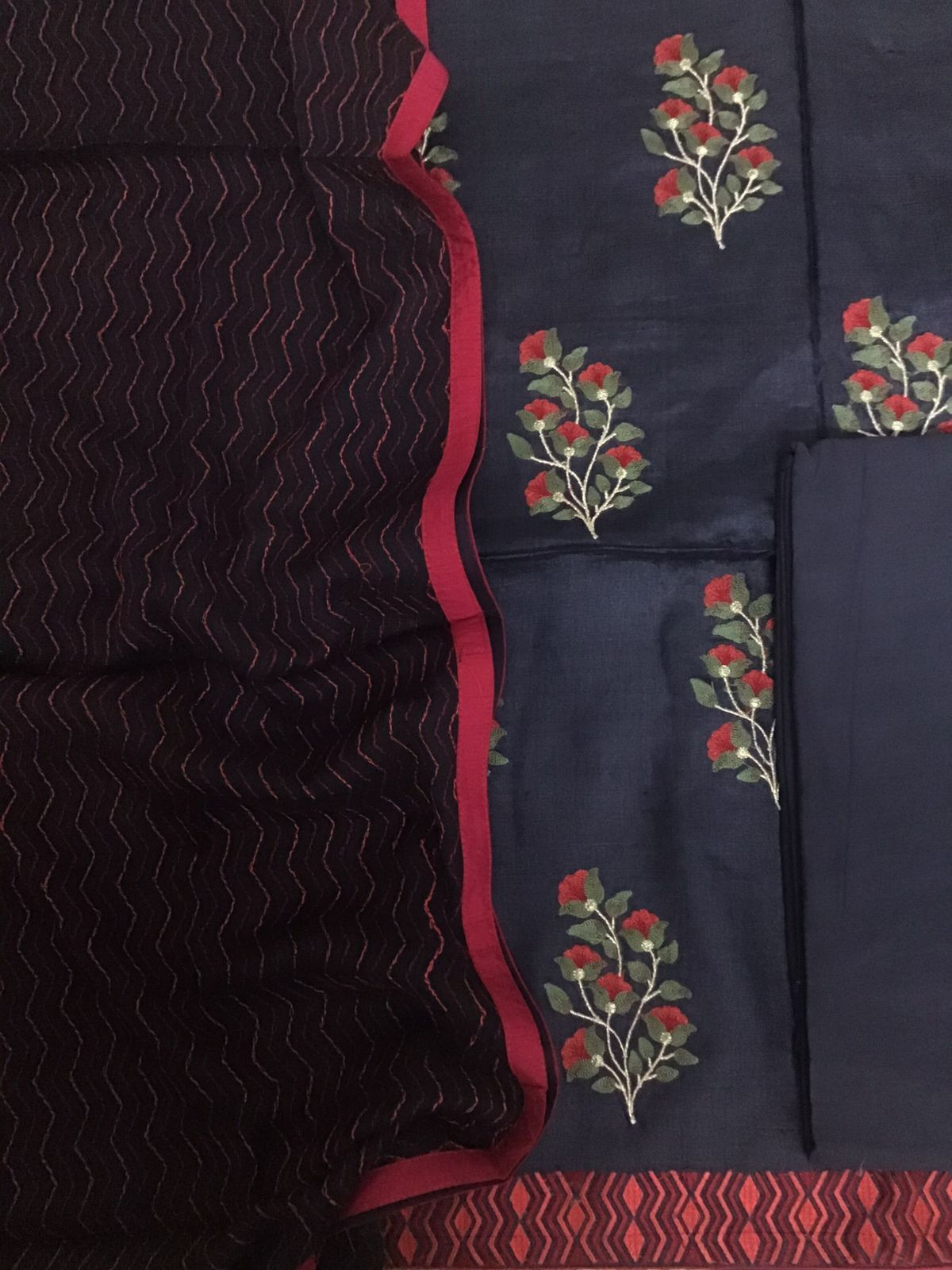 Pure Fine Tussar Embroidered Suit - Black