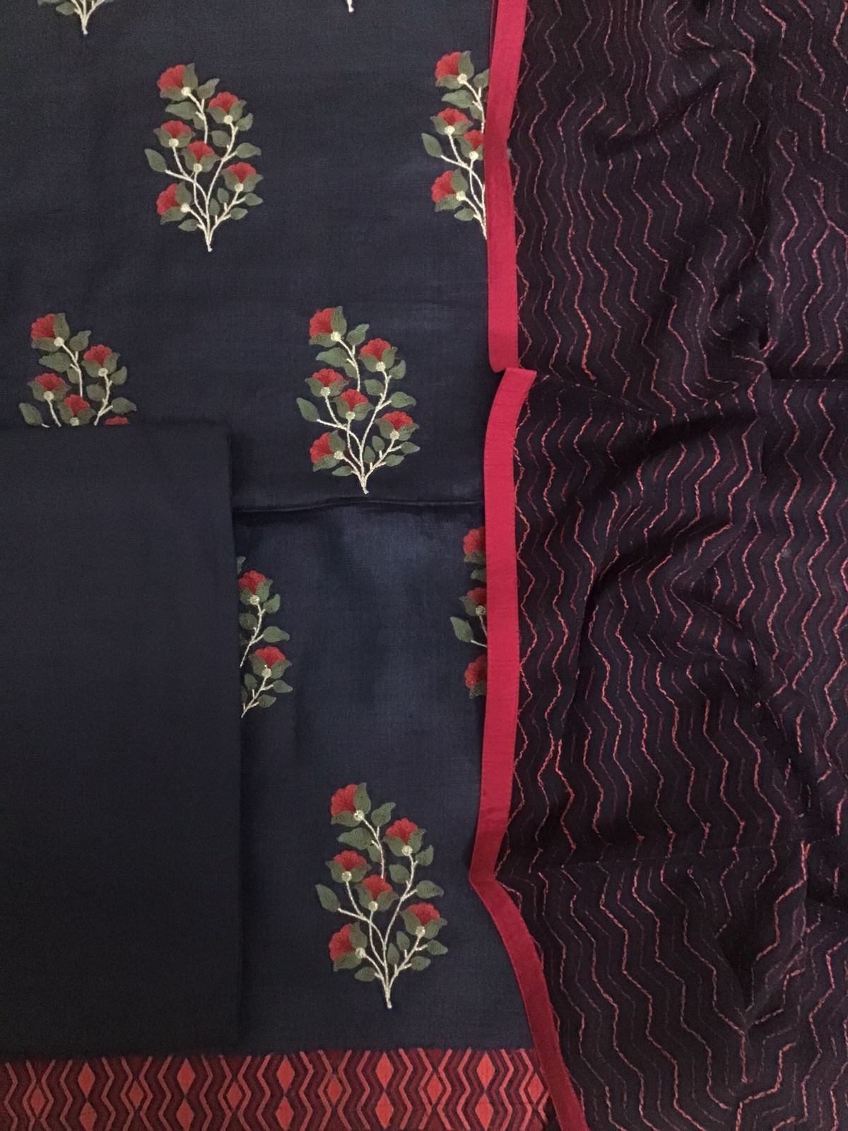 Pure Fine Tussar Embroidered Suit - Black