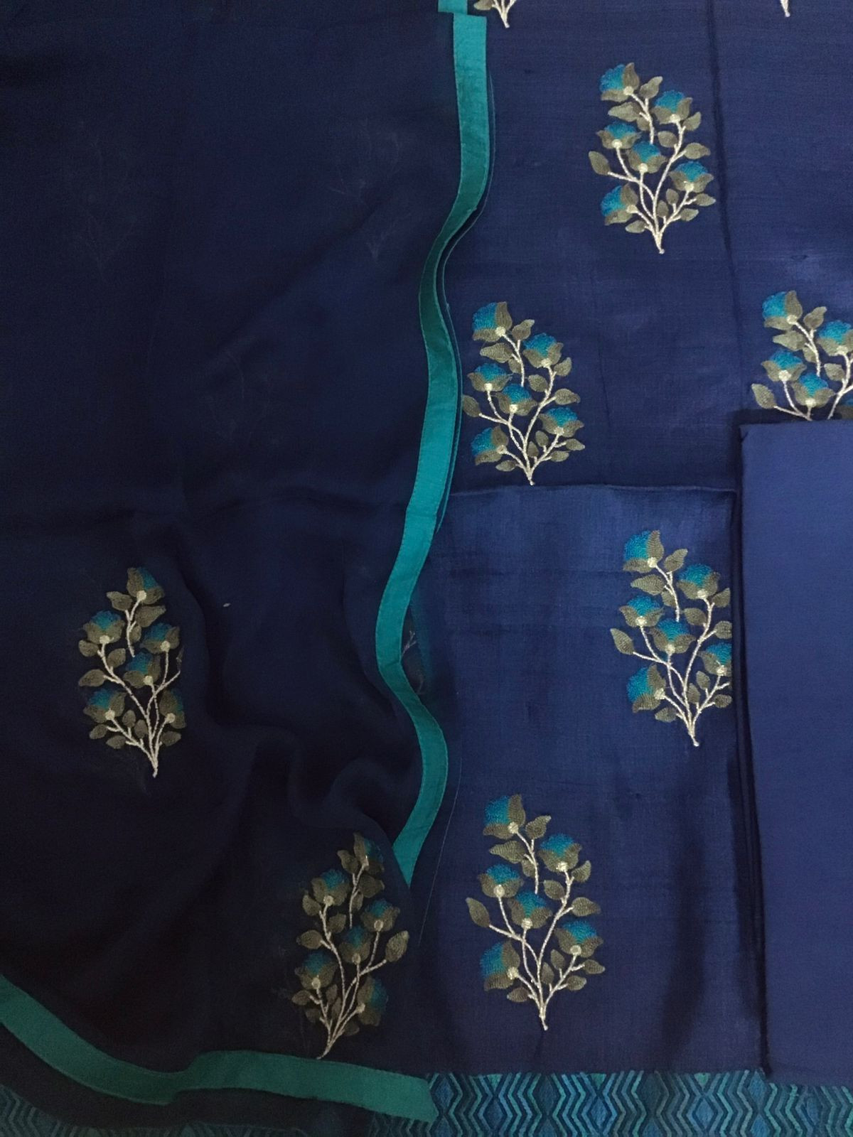 Pure Fine Tussar Embroidered Suit - Blue