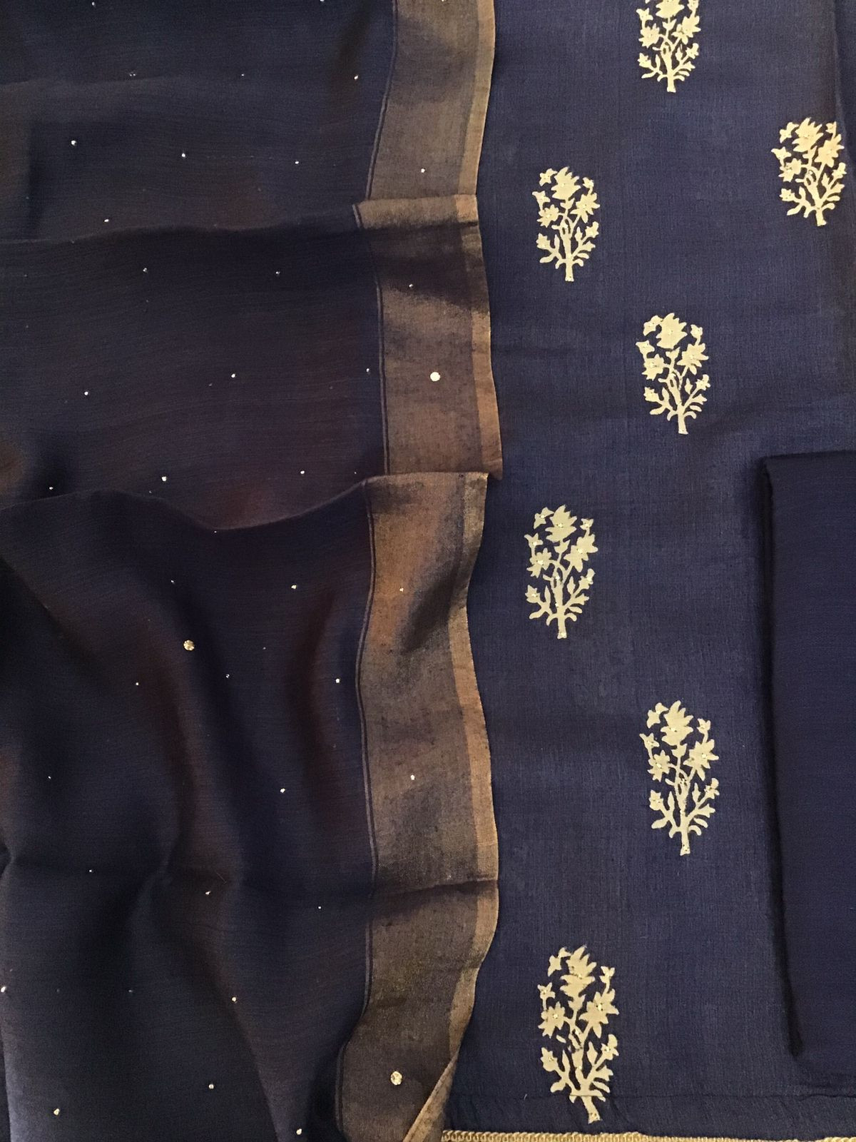 Pure Fine Tussar Printed Embroidered Suit - Blue