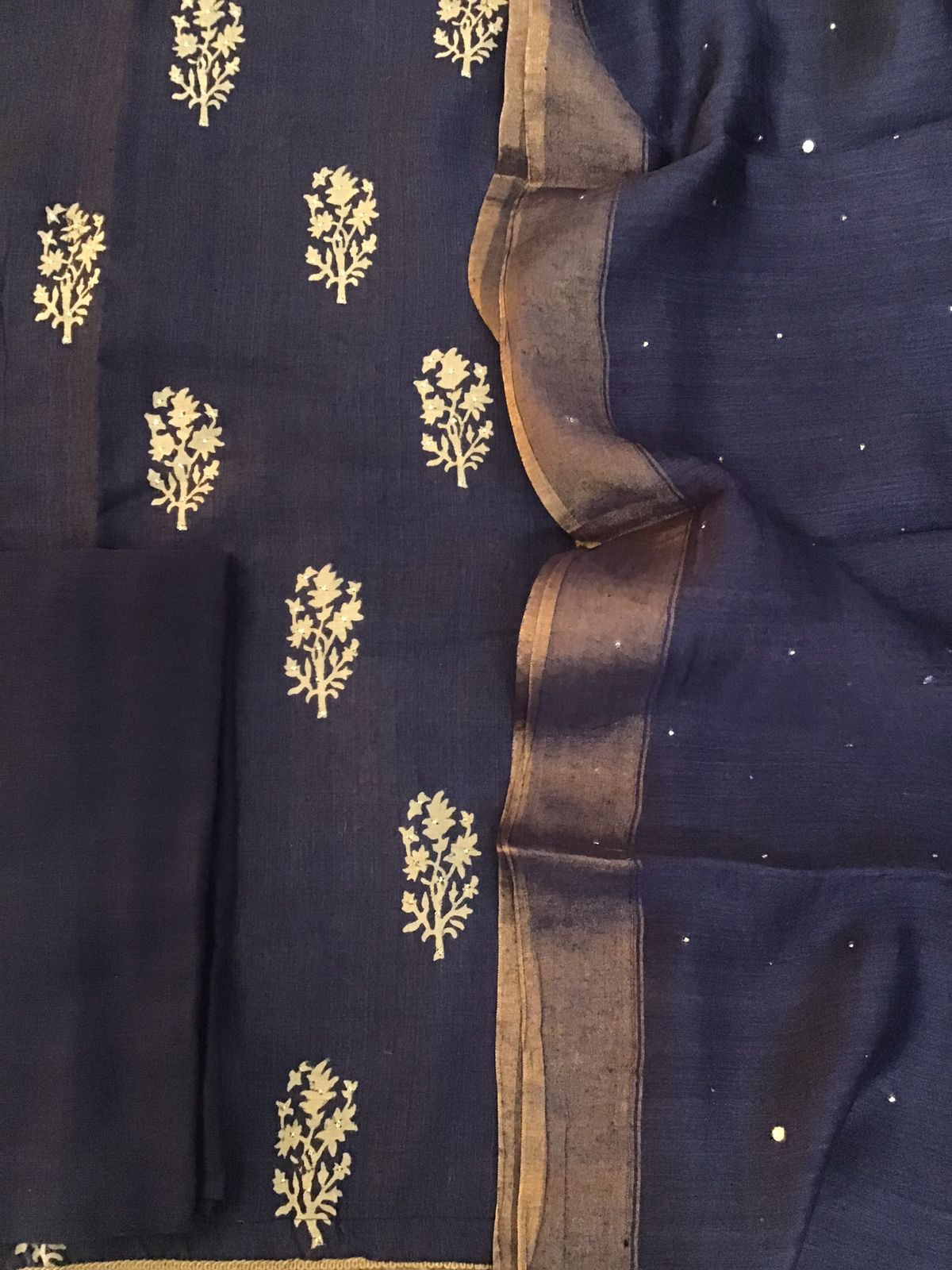 Pure Fine Tussar Printed Embroidered Suit - Blue