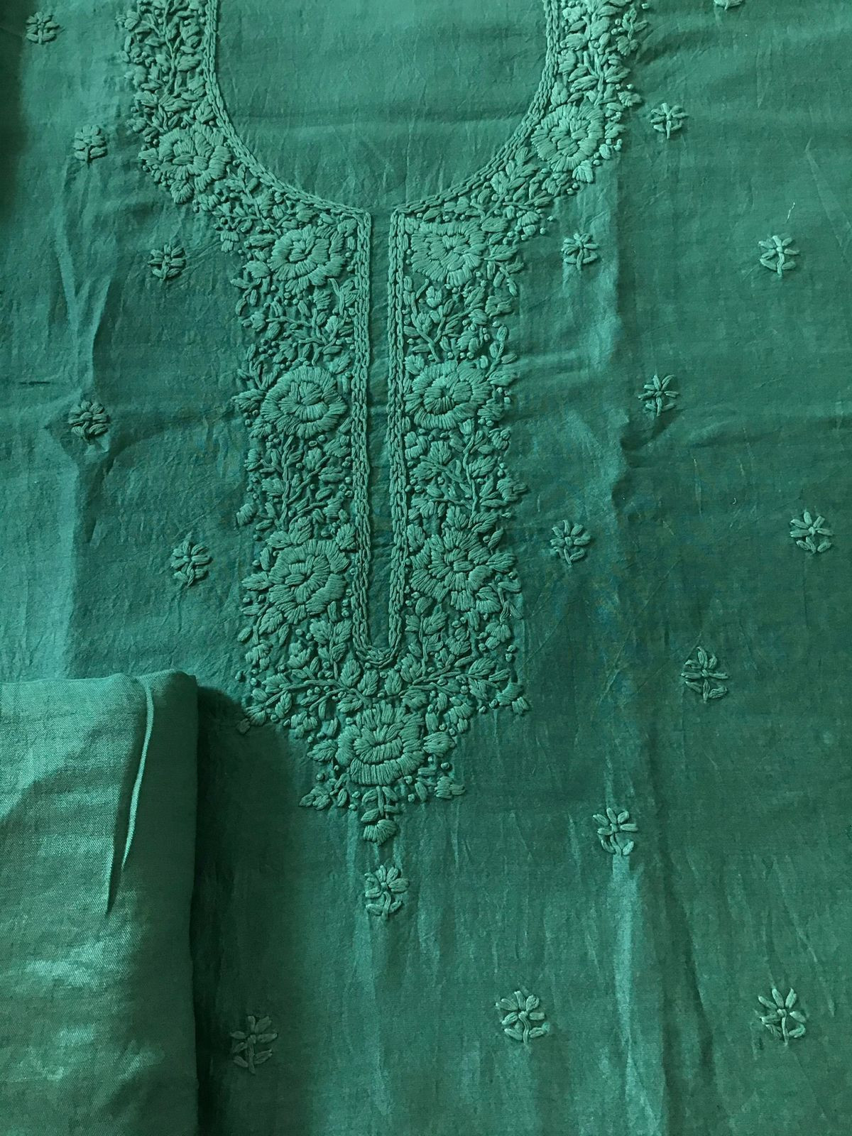 Pure Chanderi Embroidered Suit - Green