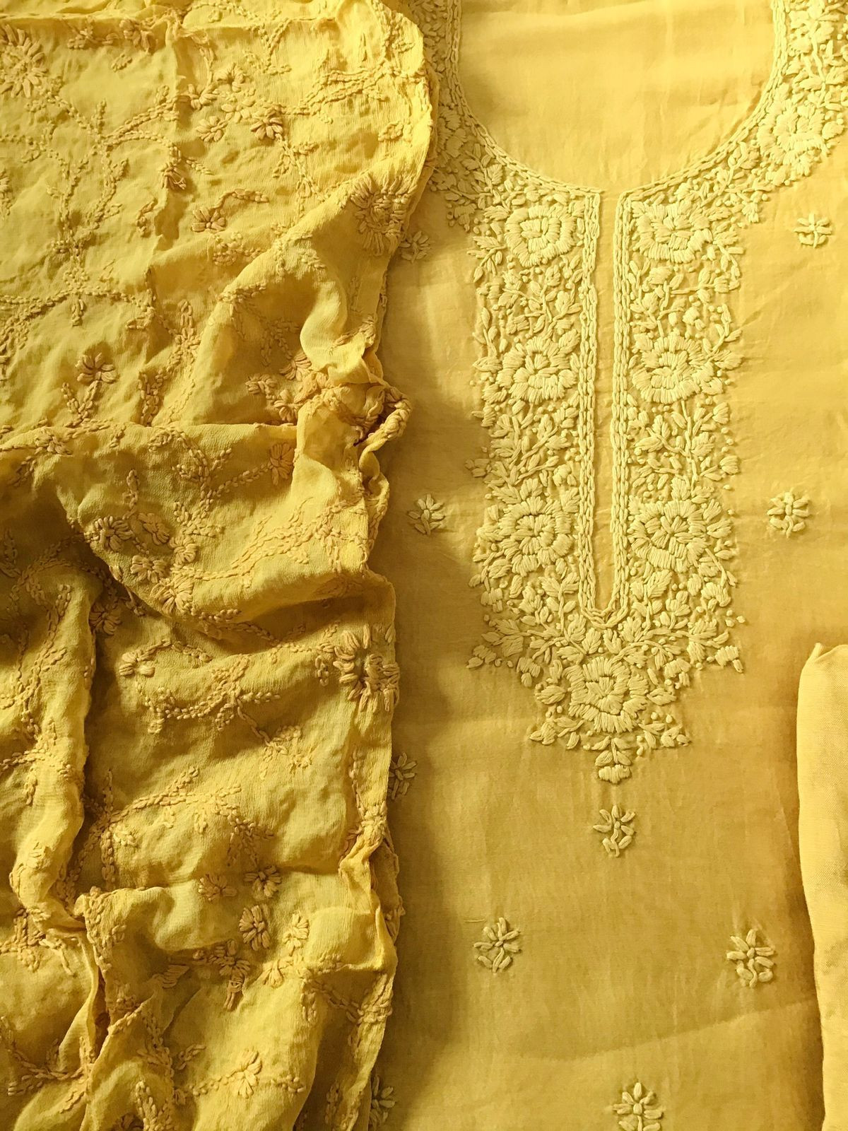 Pure Chanderi Embroidered Suit - Yellow