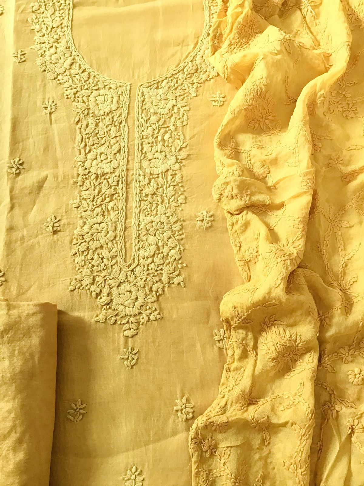 Pure Chanderi Embroidered Suit - Yellow