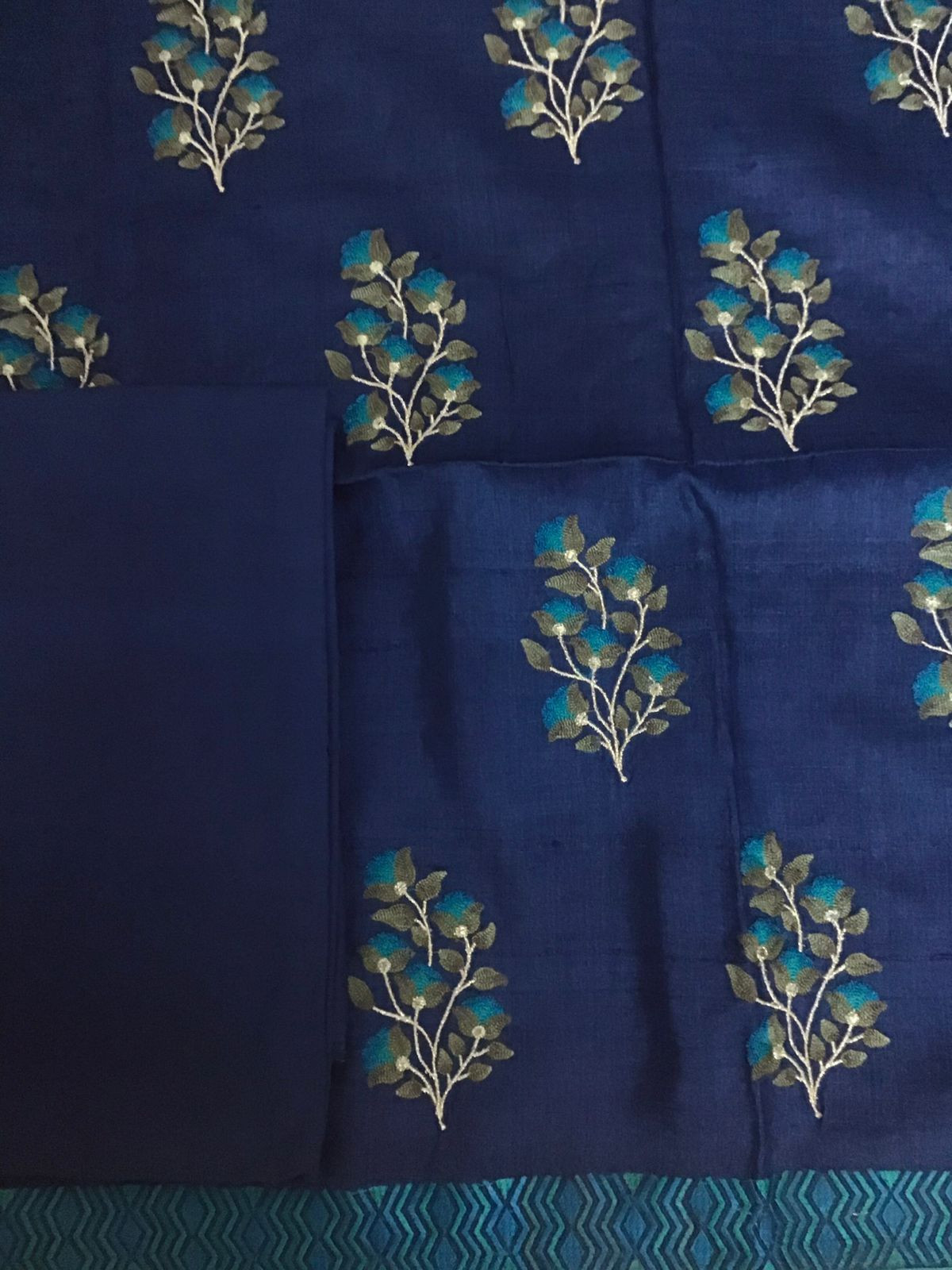Pure Fine Tussar Embroidered Suit - Blue