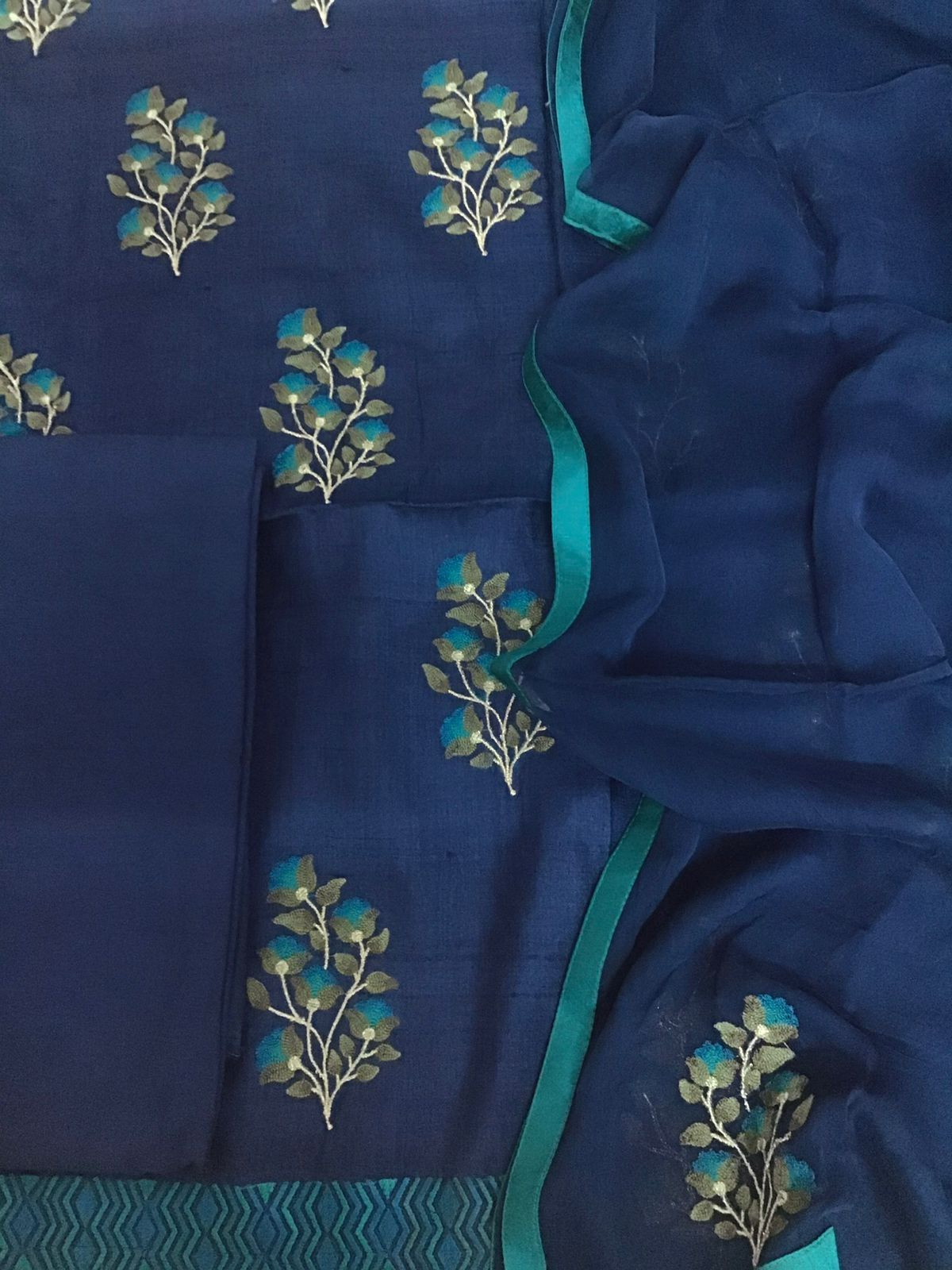 Pure Fine Tussar Embroidered Suit - Blue