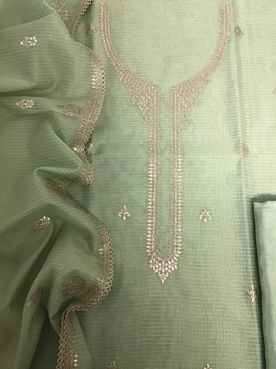 Pure Tissue Zari Kota Embroidered Suit - Green