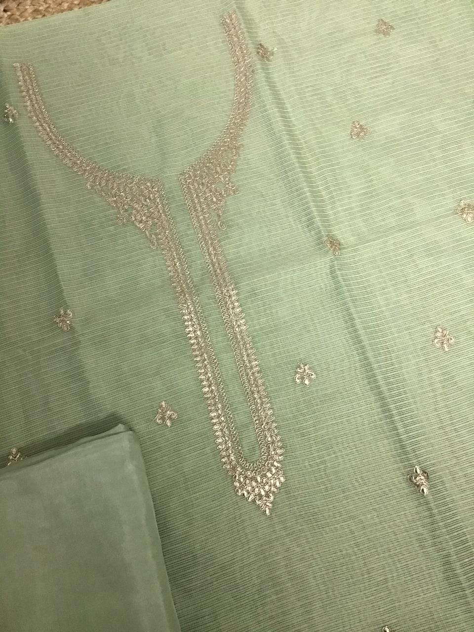 Pure Tissue Zari Kota Embroidered Suit - Green