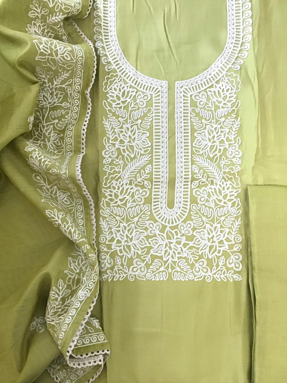Soft Silk Embroidered Suit - Green