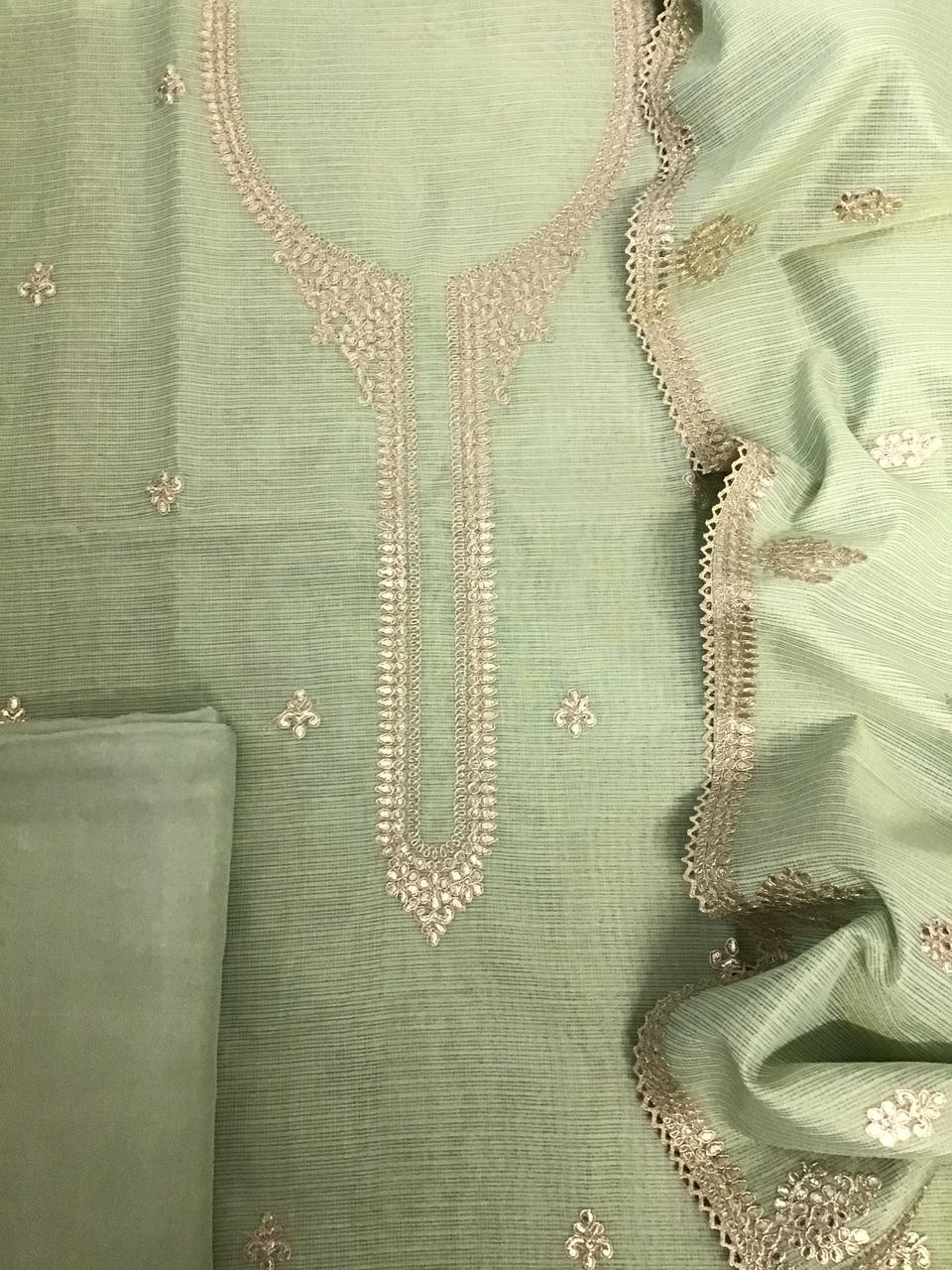 Pure Tissue Zari Kota Embroidered Suit - Green