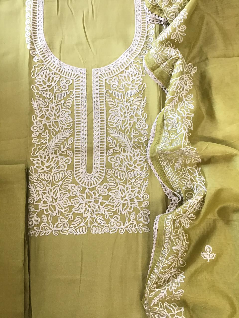 Soft Silk Embroidered Suit - Green
