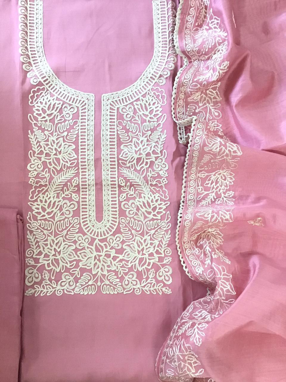 Soft Silk Embroidered Suit - Pink