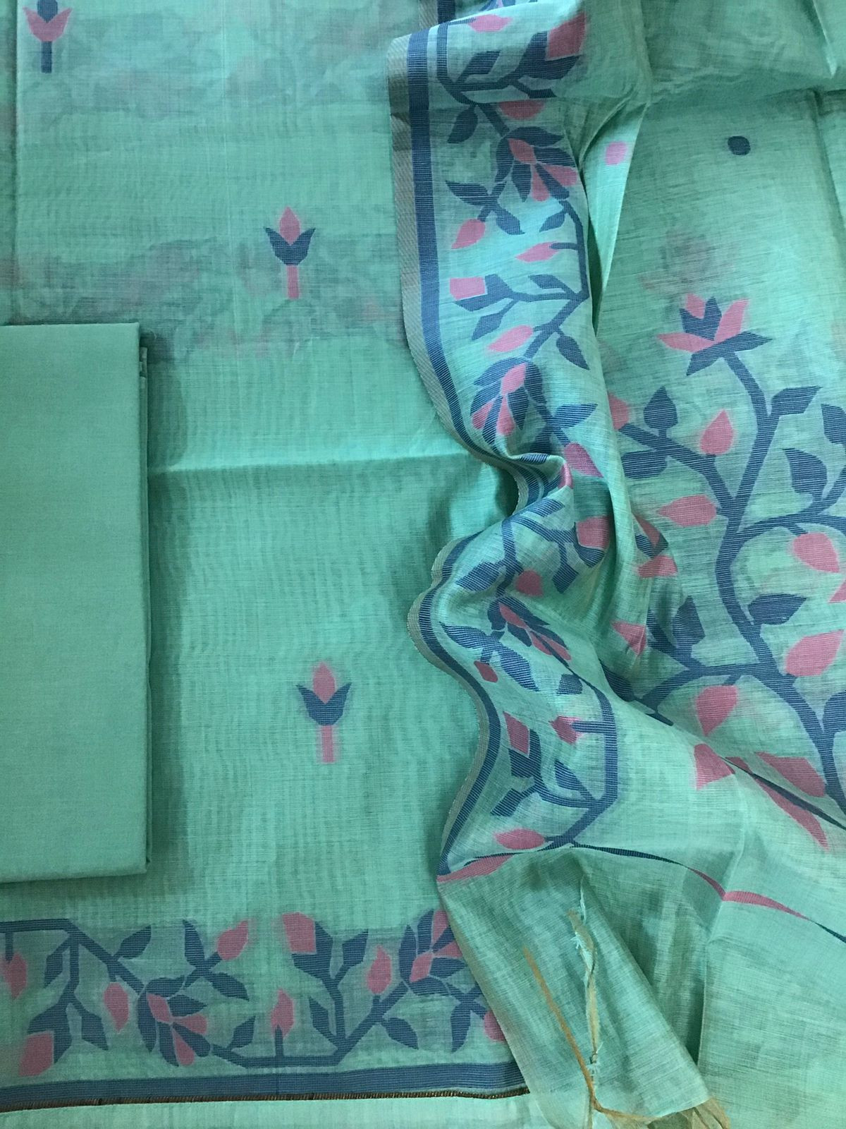 Soft Slub Chanderi Jamdani Weaved Suit - Blue