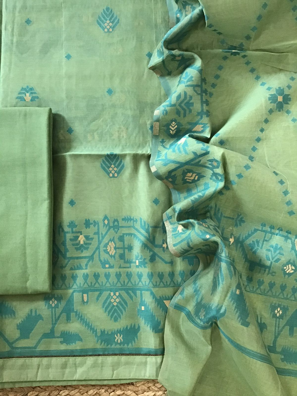 Soft Slub Chanderi Jamdani Weaved Suit - Green
