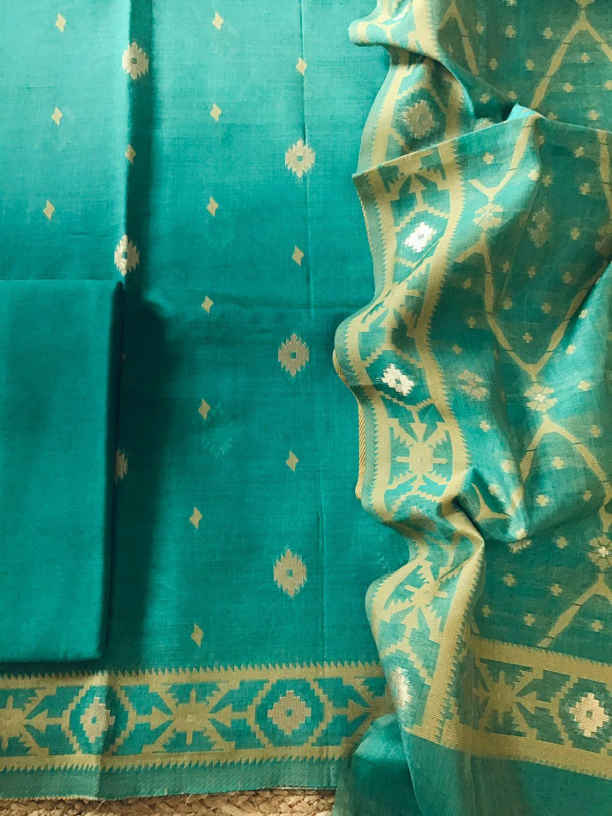 Soft Slub Chanderi Jamdani Weaved Suit - Green