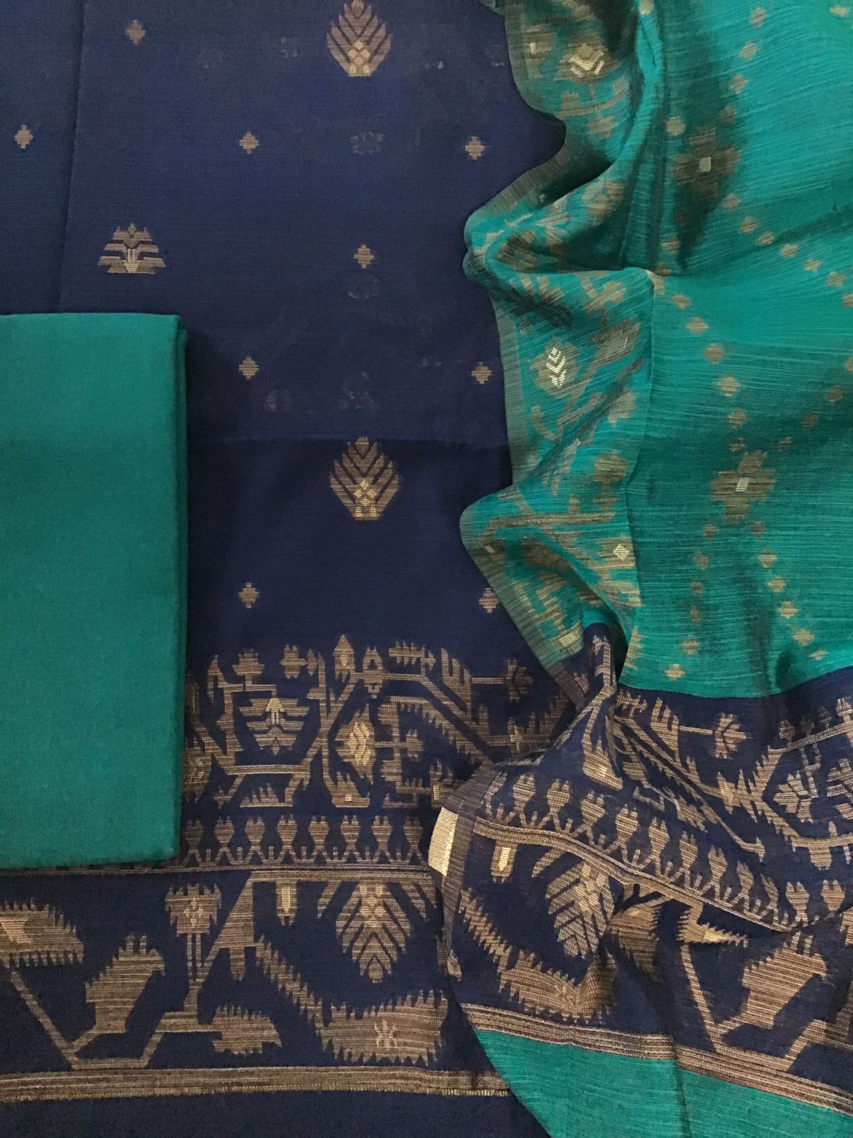 Soft Slub Chanderi Jamdani Weaved Suit - Blue