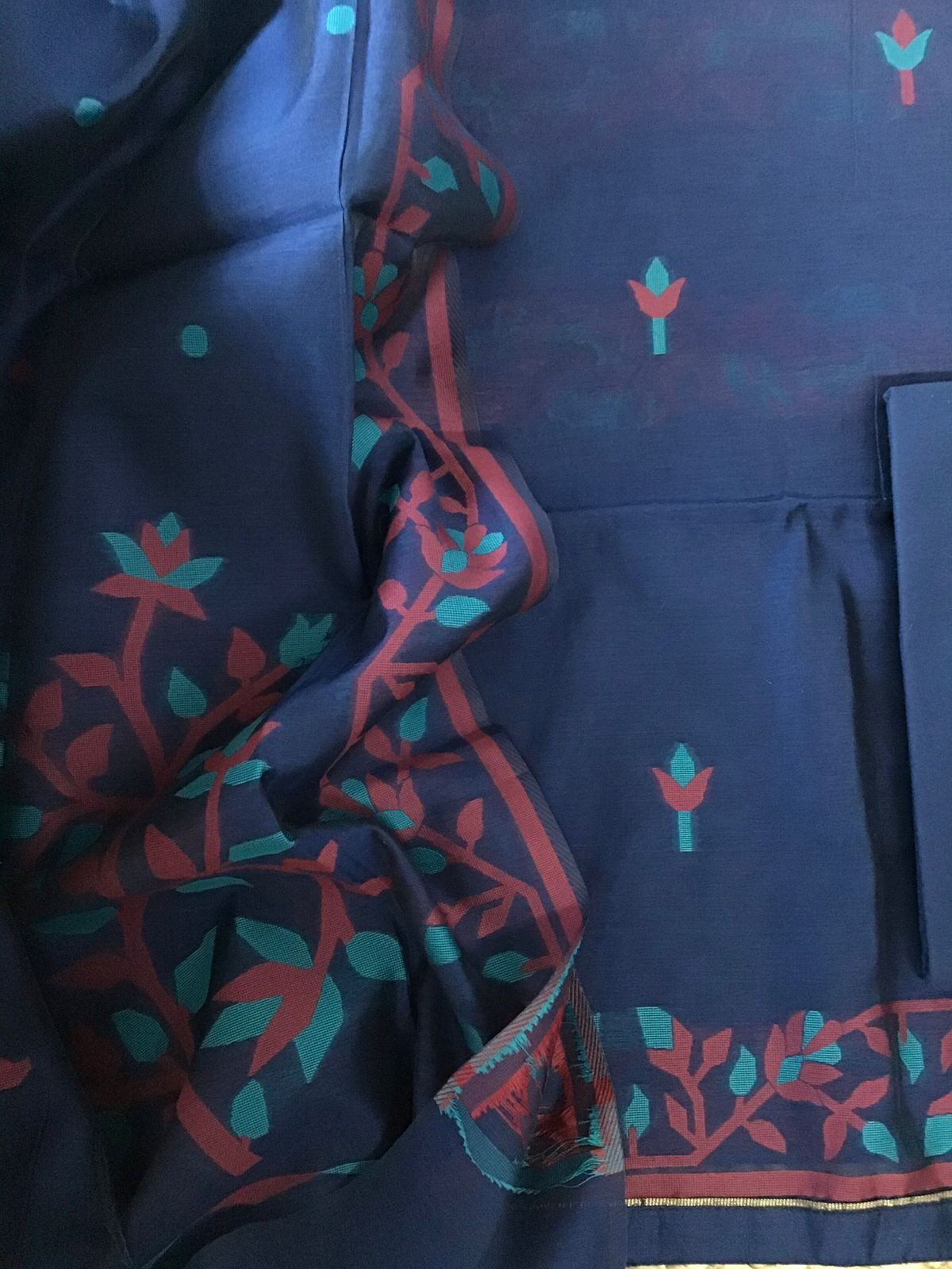 Soft Slub Chanderi Jamdani Weaved Suit - Blue