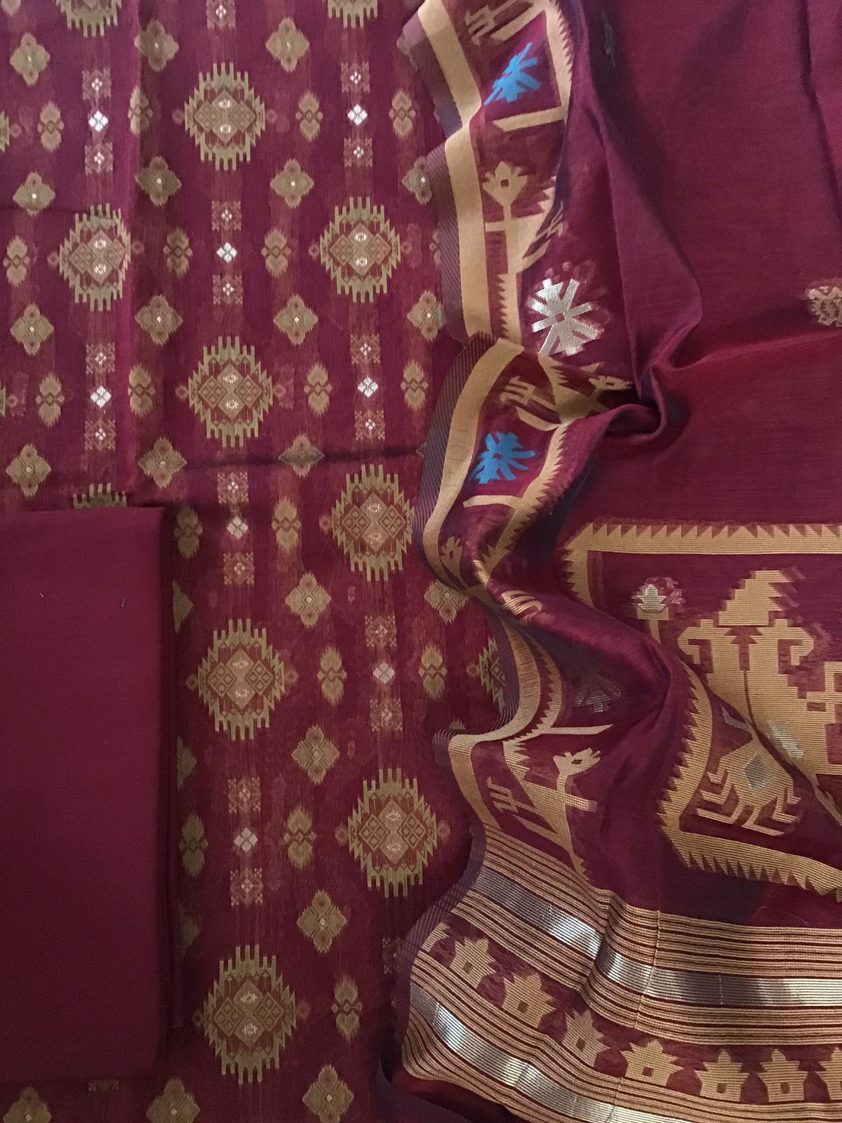 Soft Slub Chanderi Jamdani Weaved Suit - Maroon