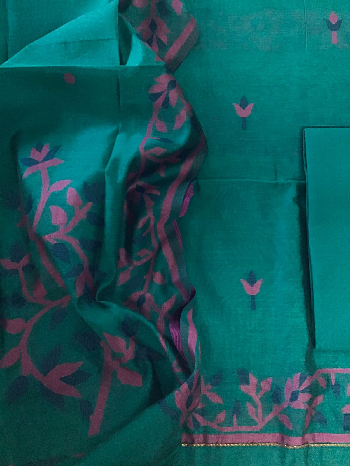 Soft Slub Chanderi Jamdani Weaved Suit - Green