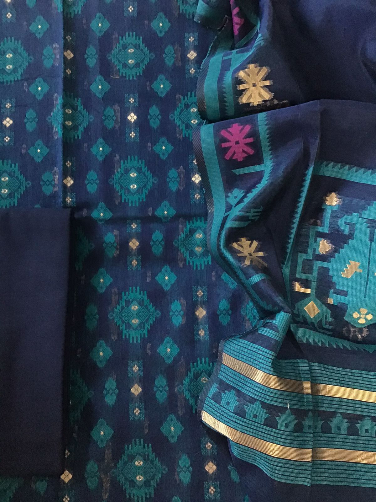 Soft Slub Chanderi Jamdani Weaved Suit - Blue