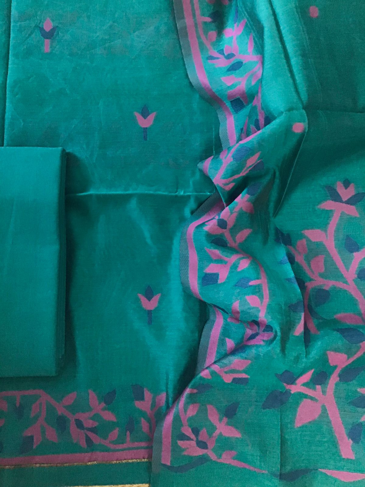 Soft Slub Chanderi Jamdani Weaved Suit - Green