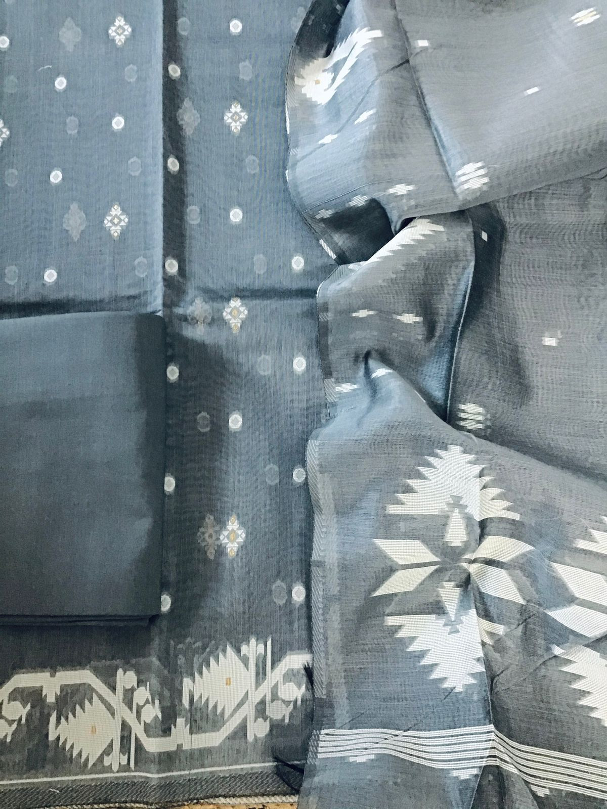 Soft Slub Chanderi Jamdani Weaved Suit - Grey