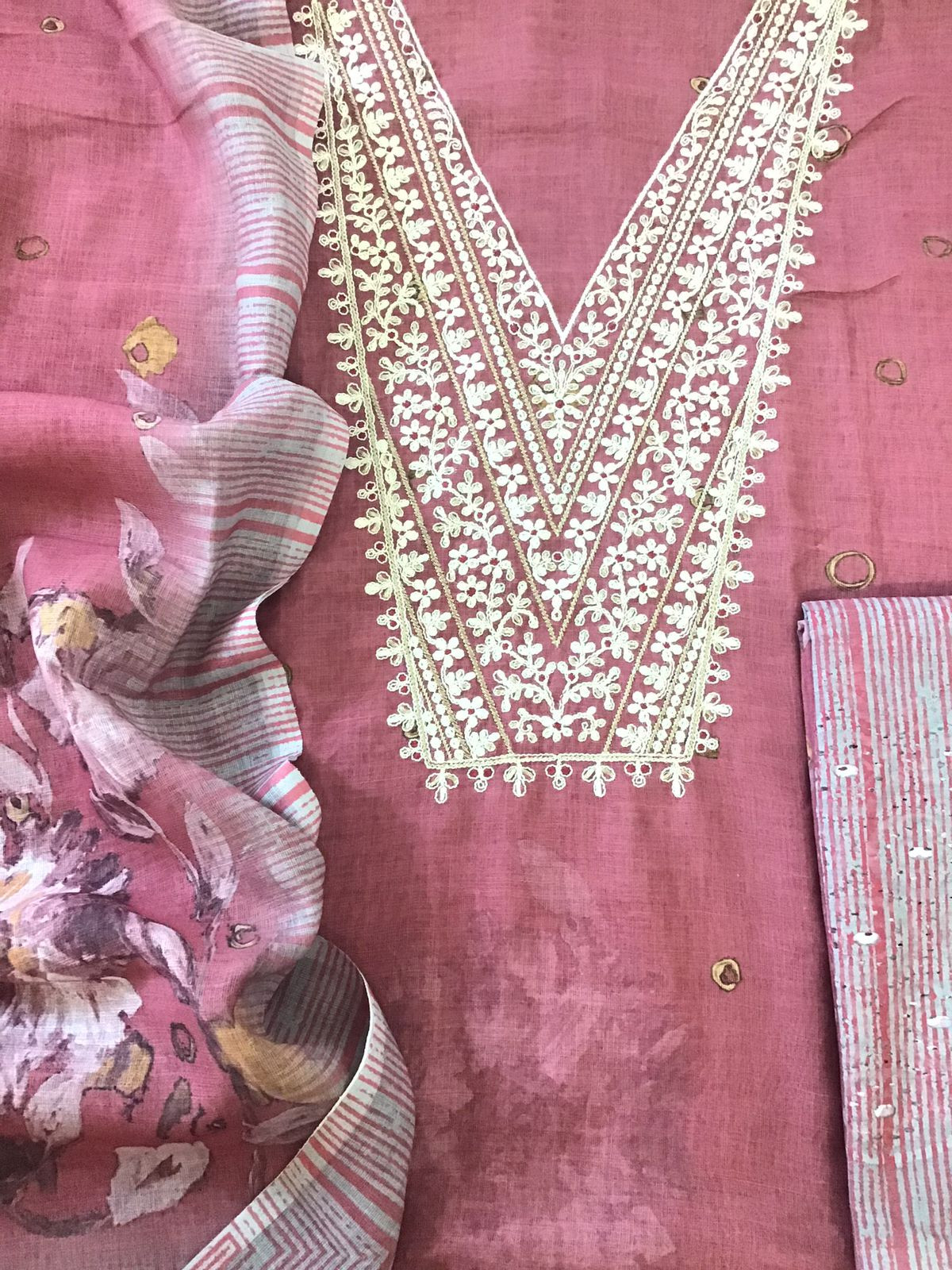Soft Semi Linen Jute Cotton Printed Embroidered Suit - Pink