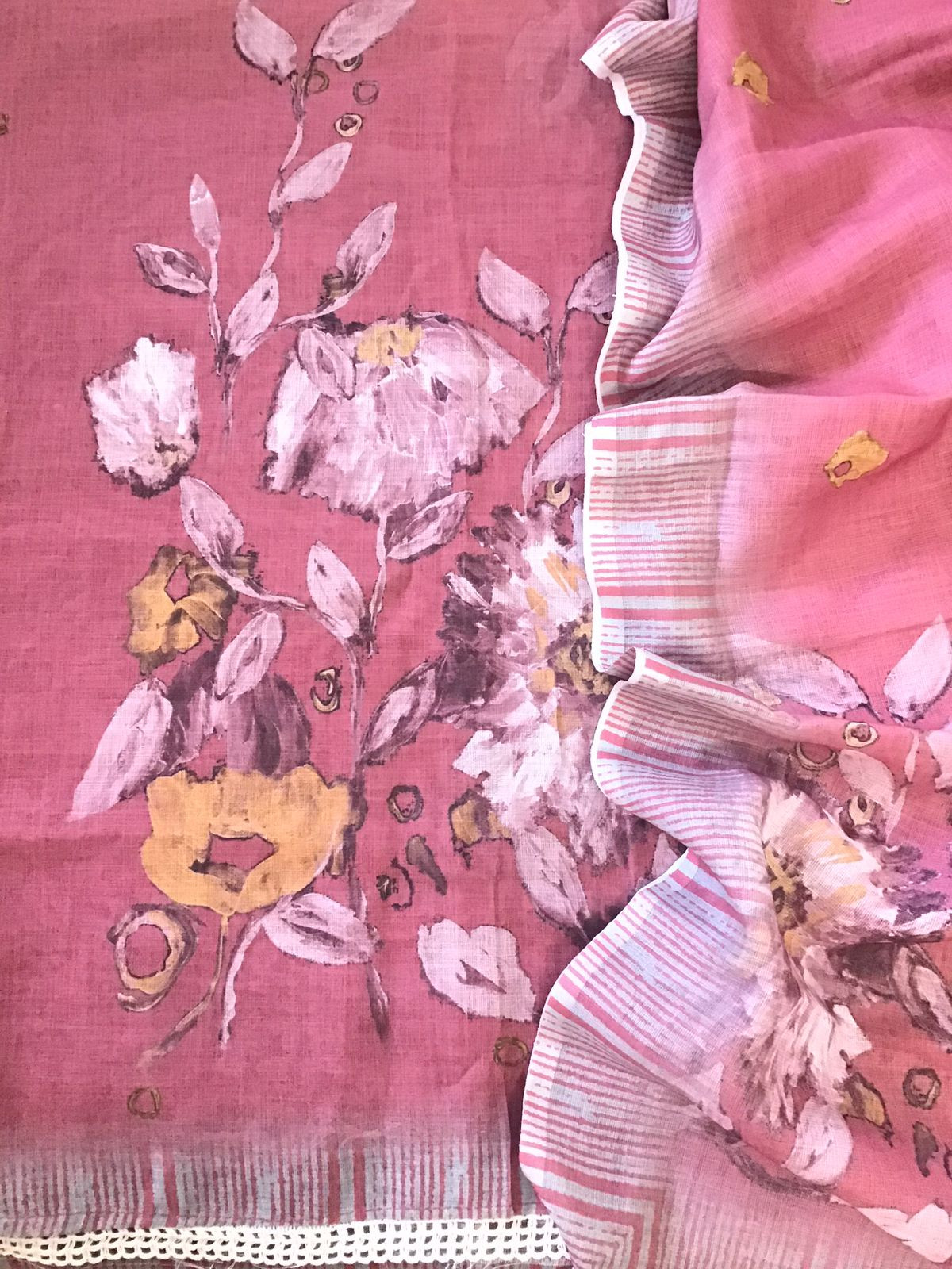 Soft Semi Linen Jute Cotton Printed Embroidered Suit - Pink