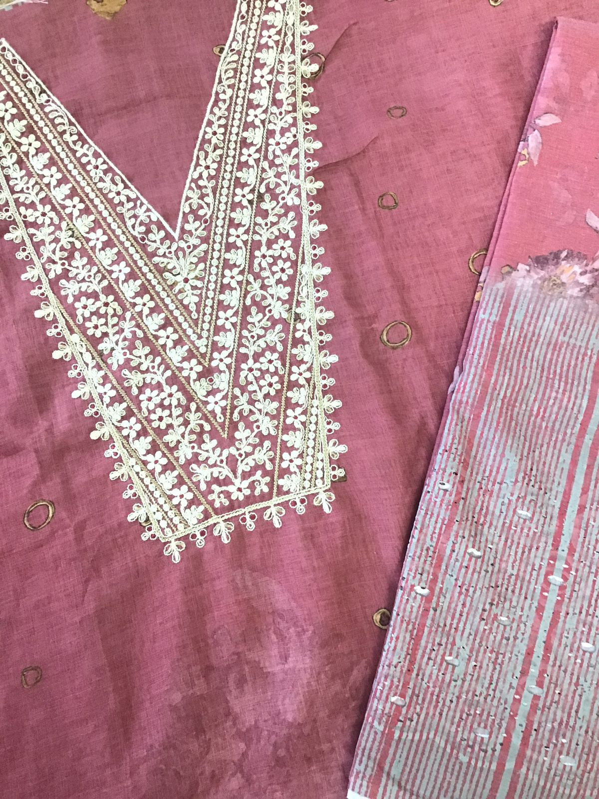 Soft Semi Linen Jute Cotton Printed Embroidered Suit - Pink