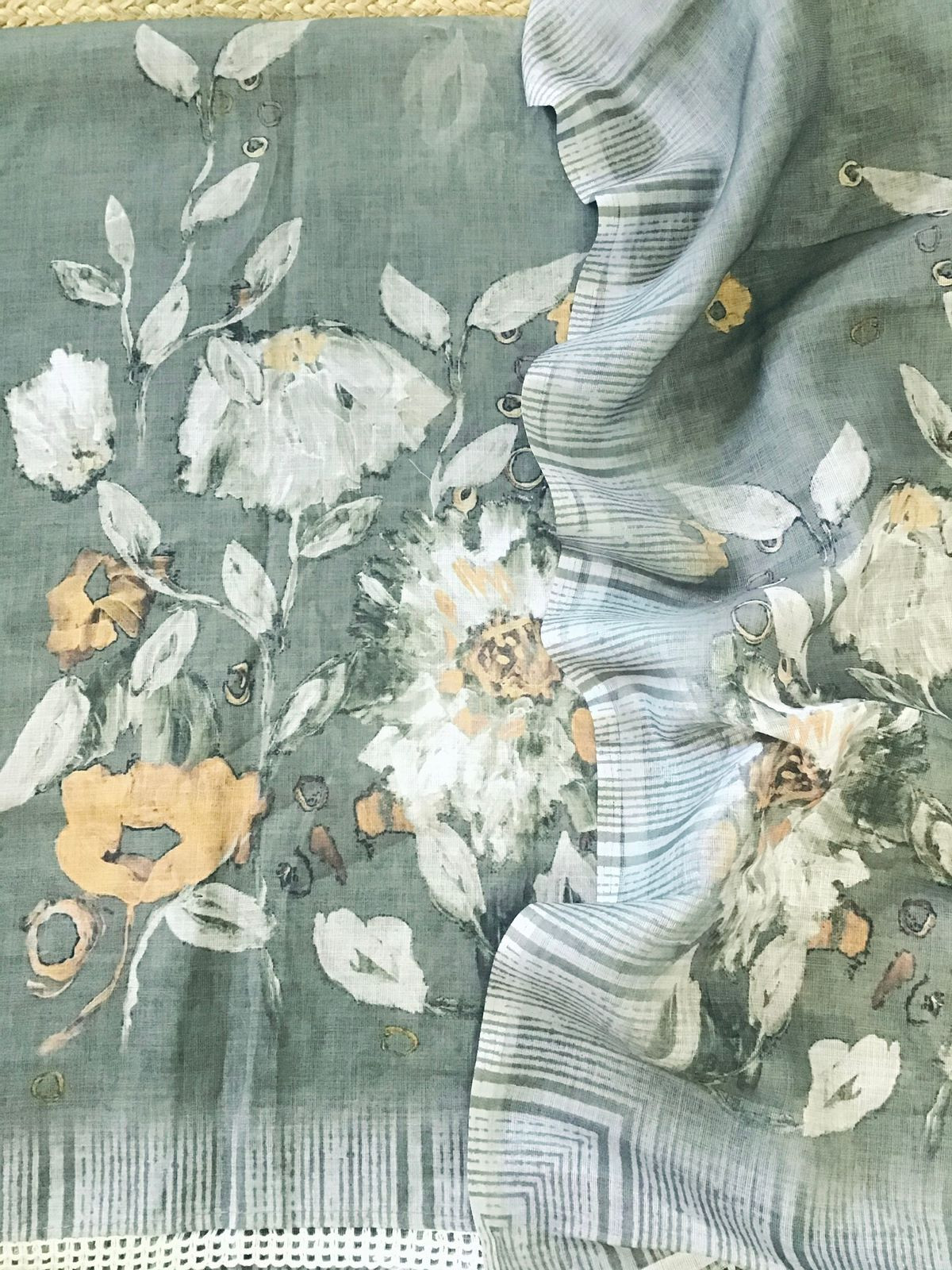 Soft Semi Linen Jute Cotton Printed Embroidered Suit - Grey