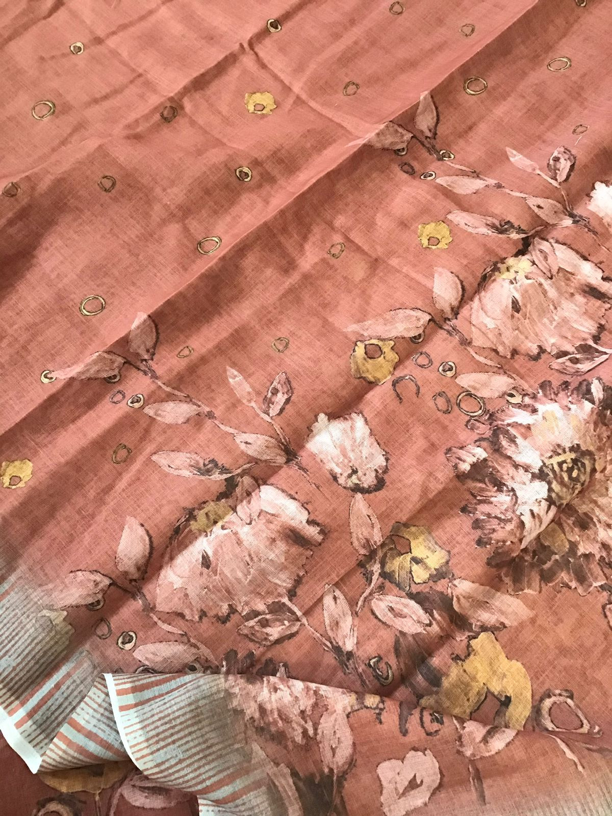 Soft Semi Linen Jute Cotton Printed Embroidered Suit - Orange