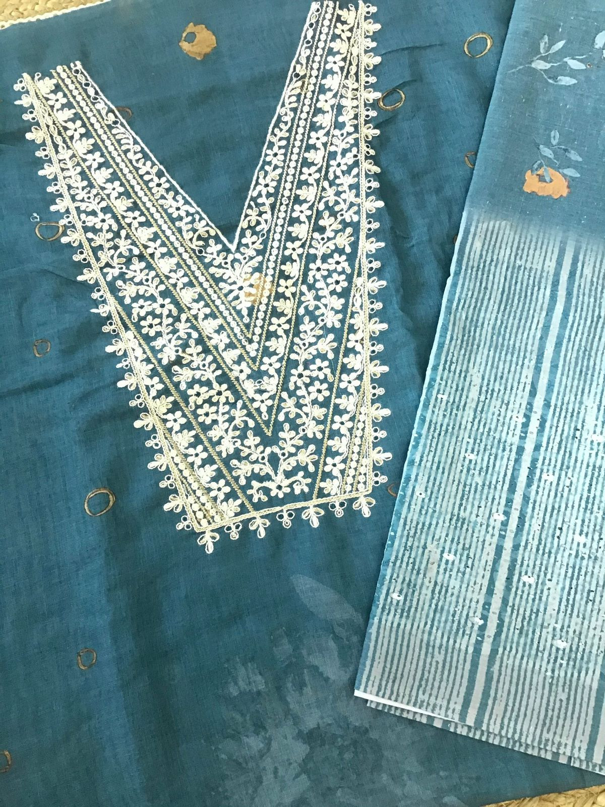 Soft Semi Linen Jute Cotton Printed Embroidered Suit - Blue