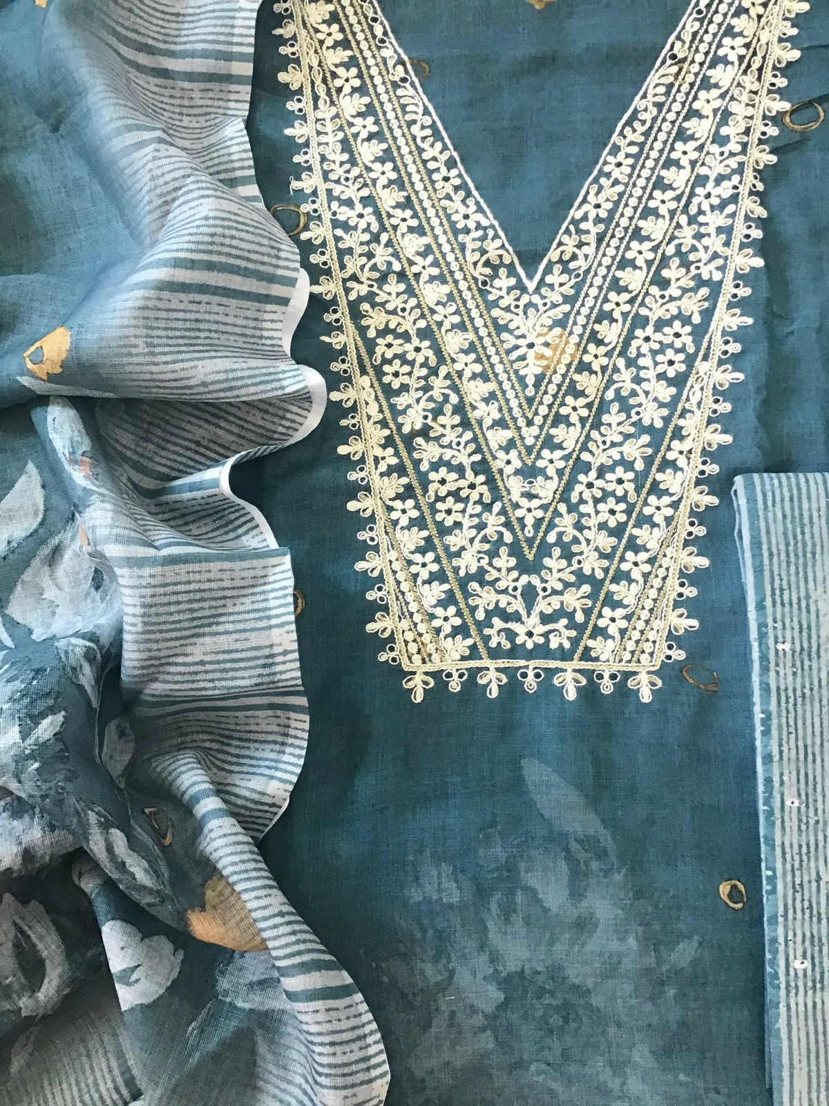 Soft Semi Linen Jute Cotton Printed Embroidered Suit - Blue