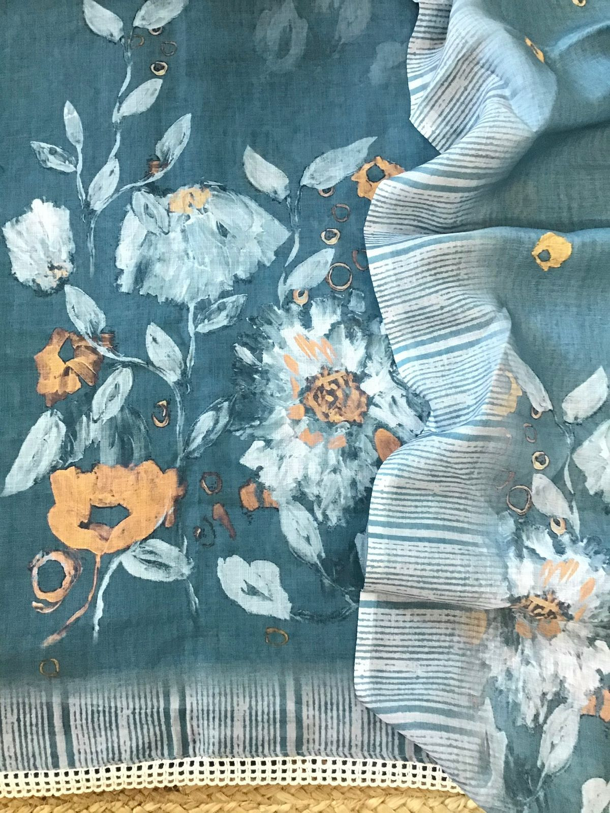 Soft Semi Linen Jute Cotton Printed Embroidered Suit - Blue