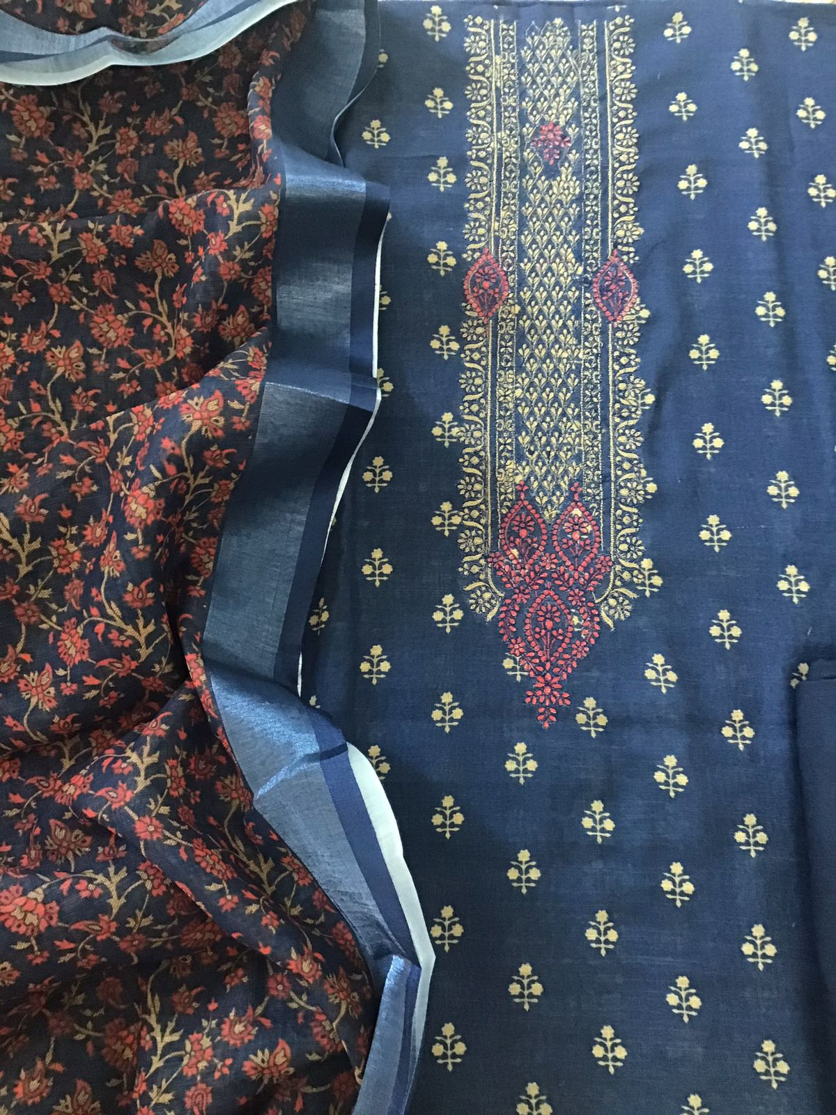 Soft Semi Linen Jute Cotton Printed Embroidered Suit - Blue