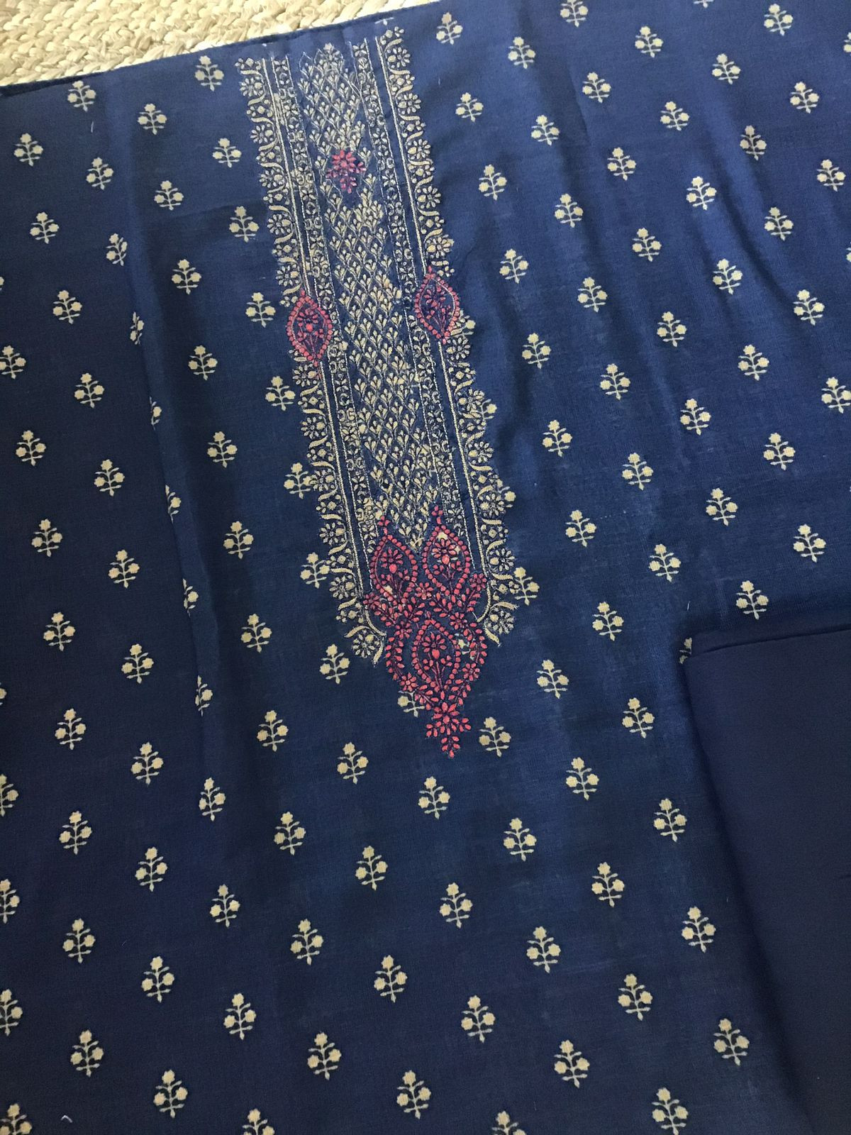 Soft Semi Linen Jute Cotton Printed Embroidered Suit - Blue