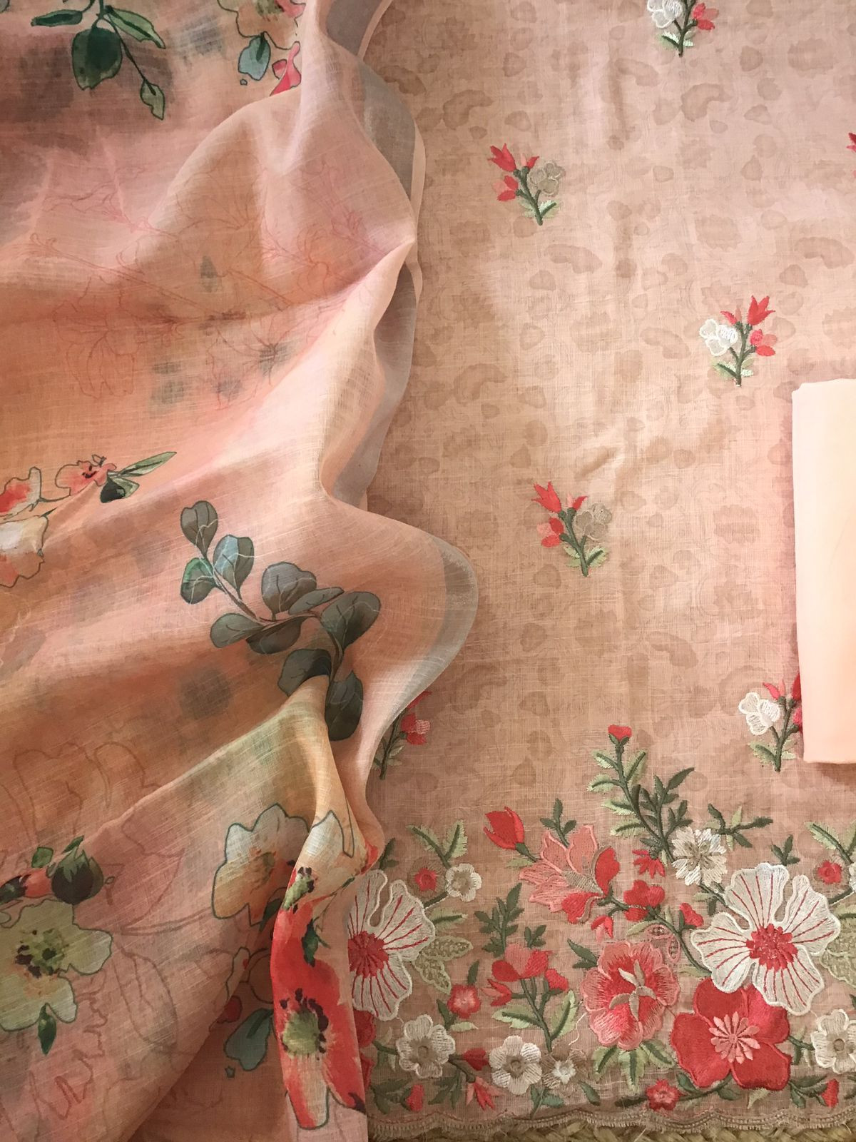 Soft Semi Linen Jute Cotton Printed Embroidered Suit - Peach