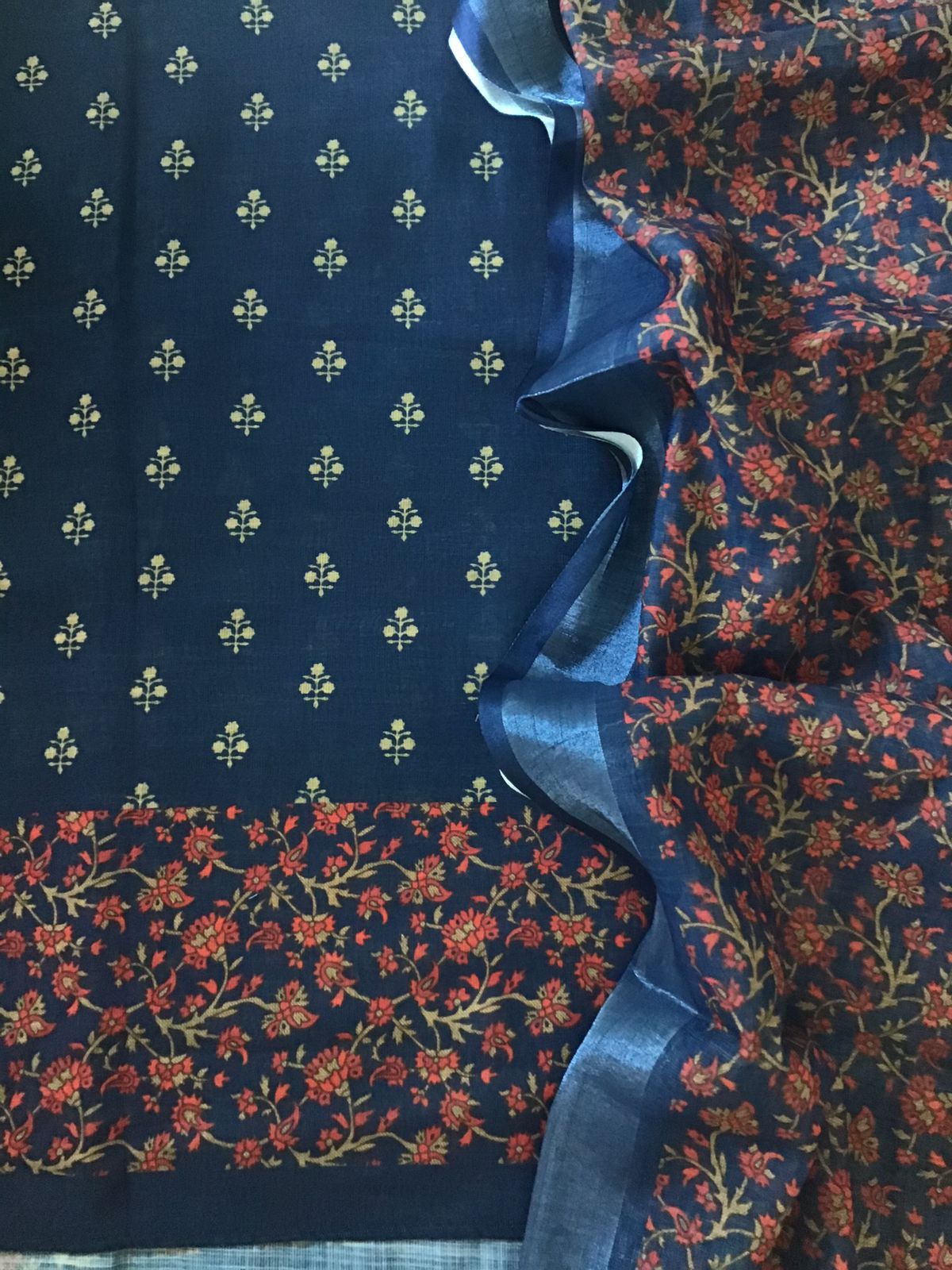 Soft Semi Linen Jute Cotton Printed Embroidered Suit - Blue