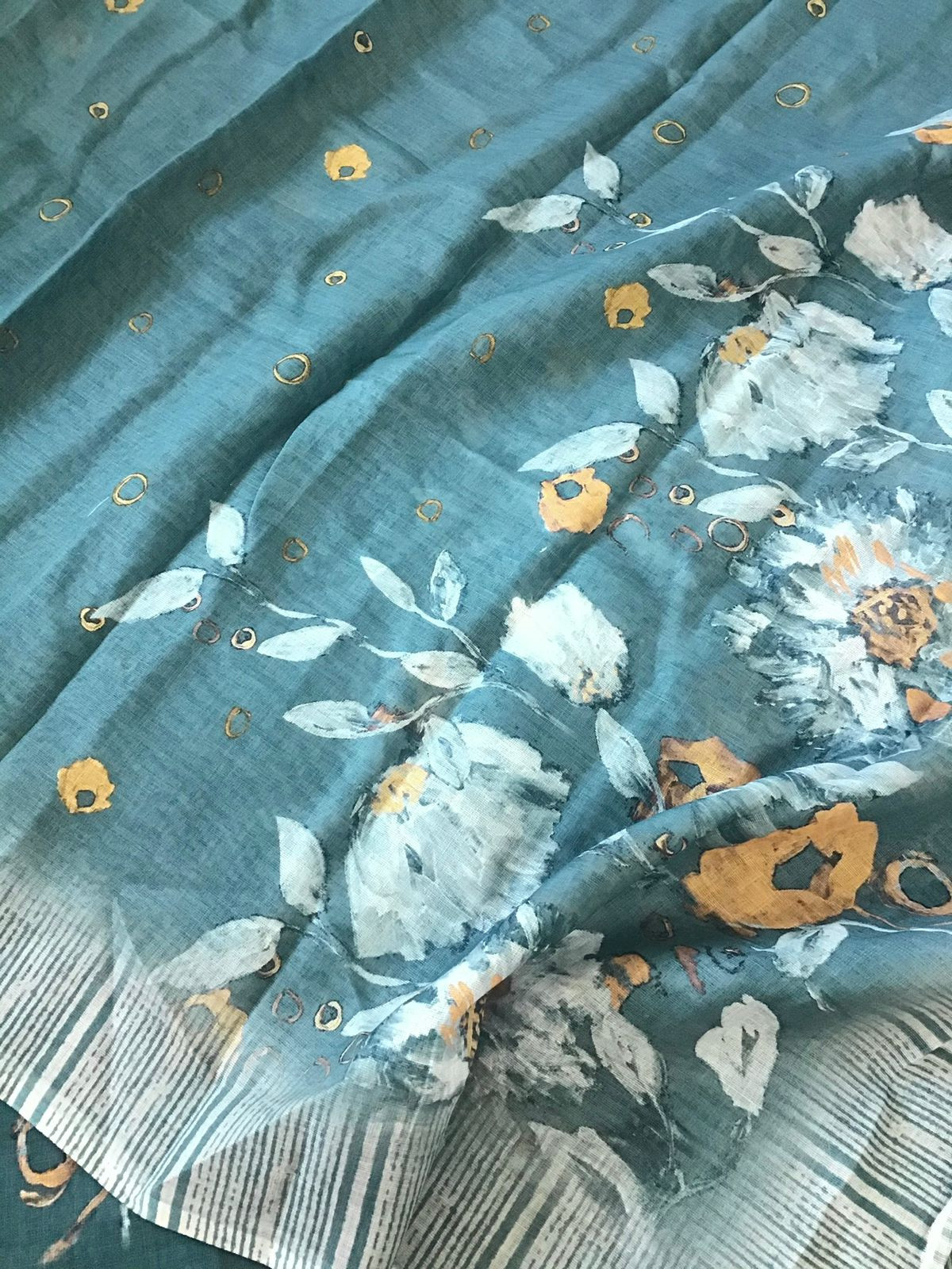 Soft Semi Linen Jute Cotton Printed Embroidered Suit - Blue